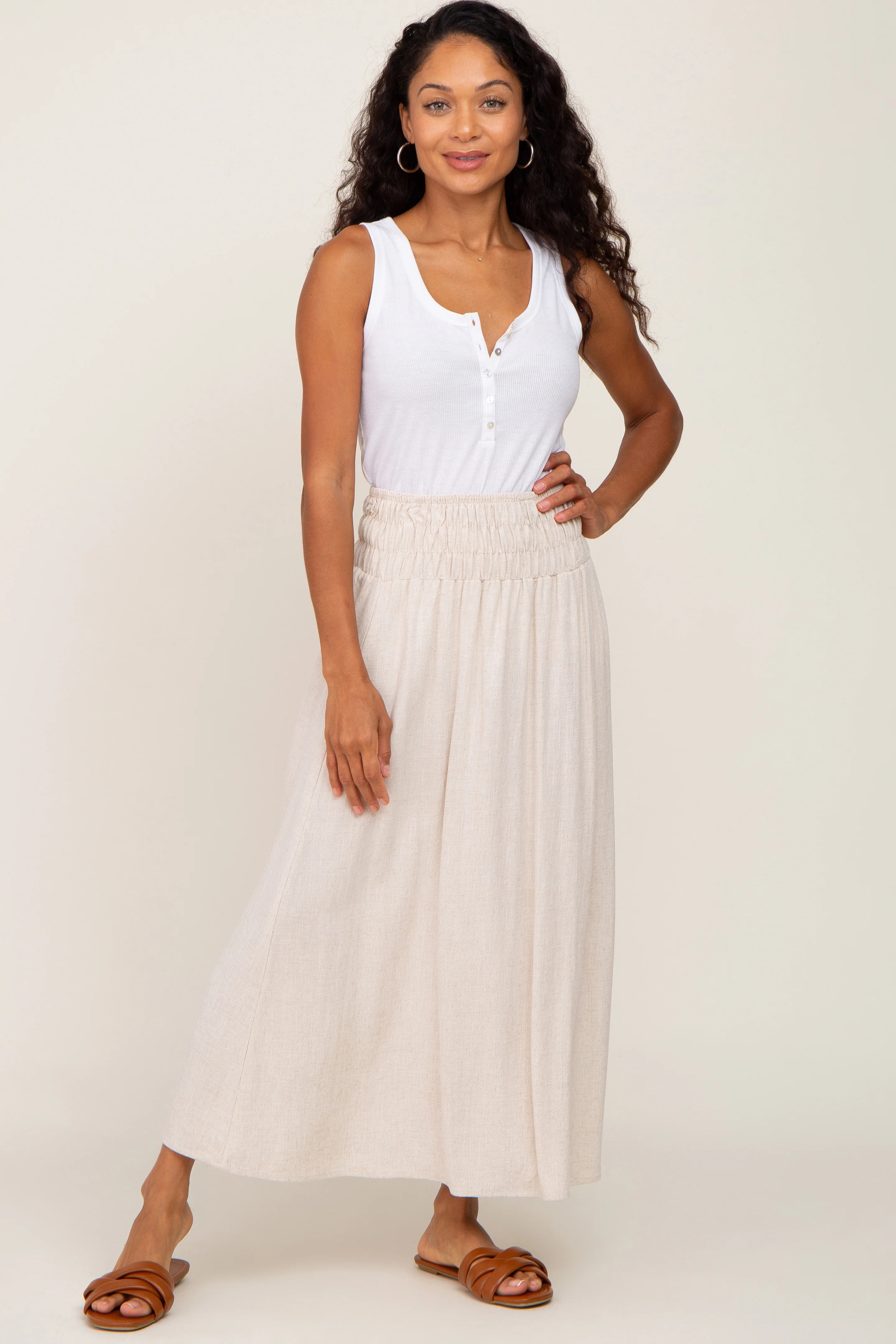Beige Smocked Maternity Linen Maxi Skirt - Image 5