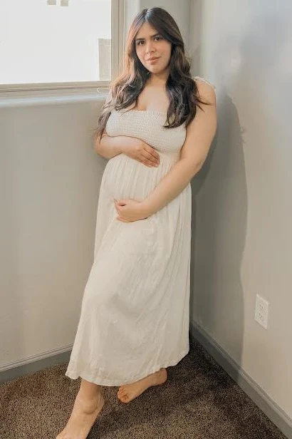 Beige Smocked Tie Strap Maternity Midi Dress - Image 8