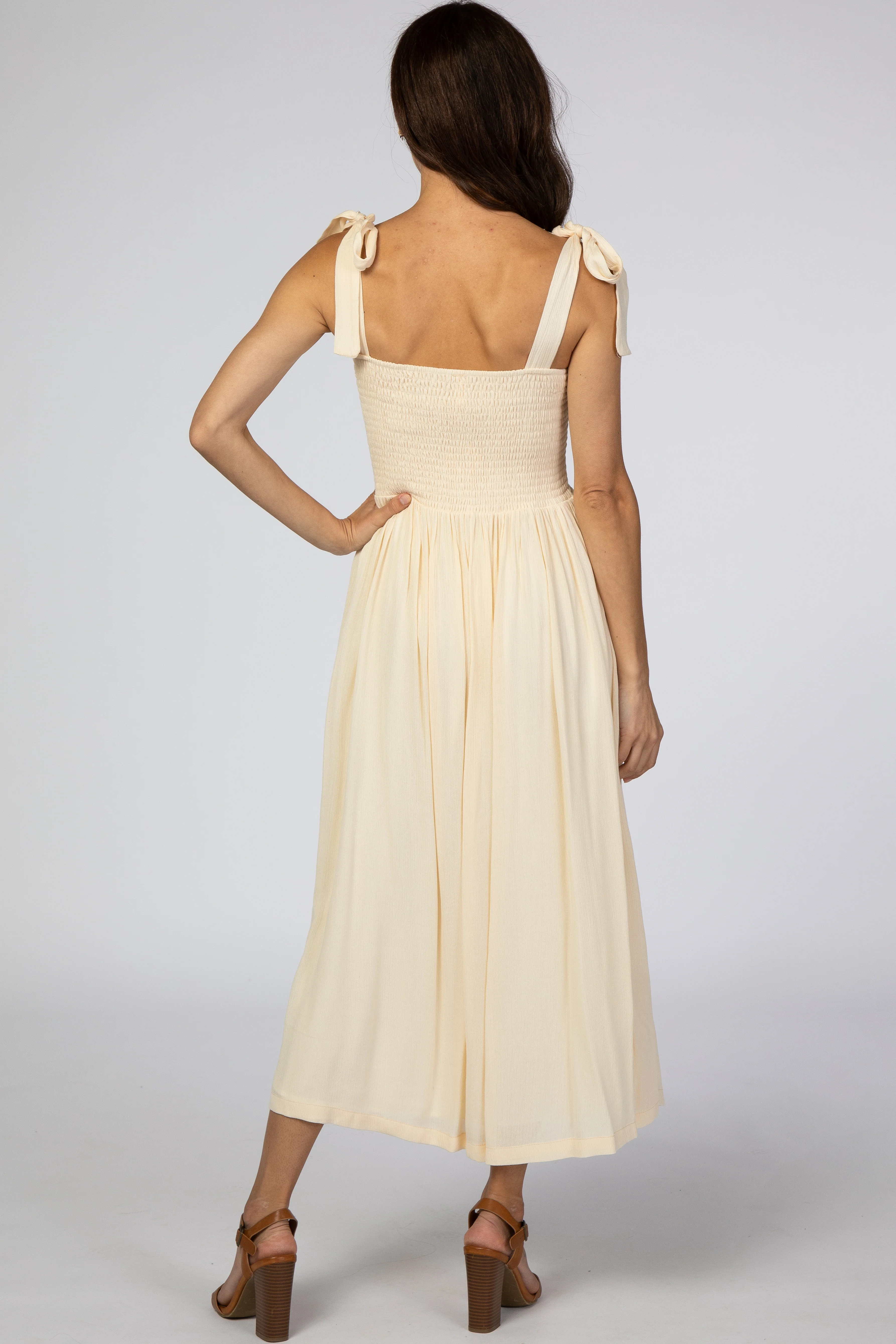 Beige Smocked Tie Strap Midi Dress - Image 3