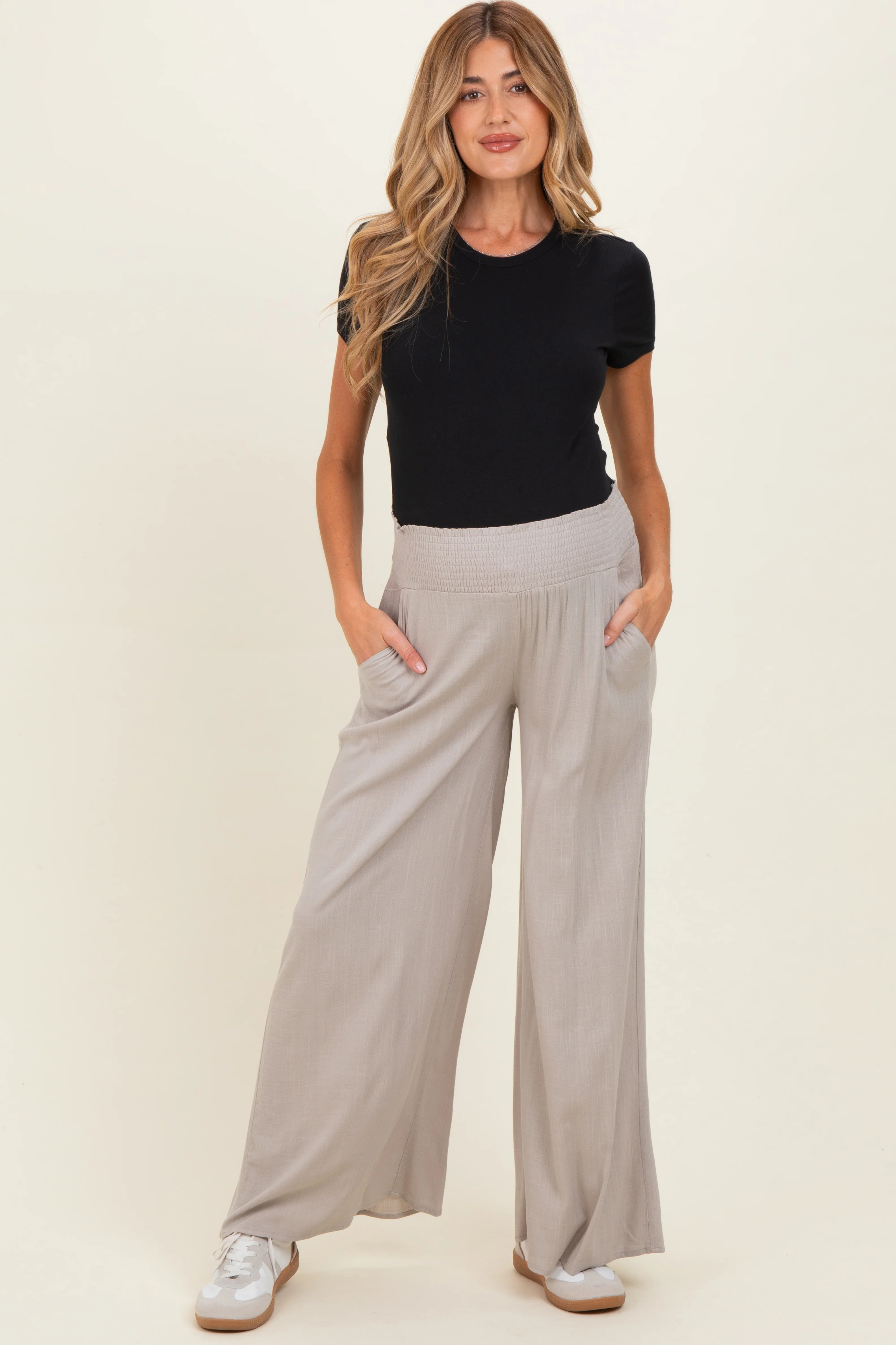 Beige Smocked Waistband Wide Leg Maternity Lounge Pants - Image 2