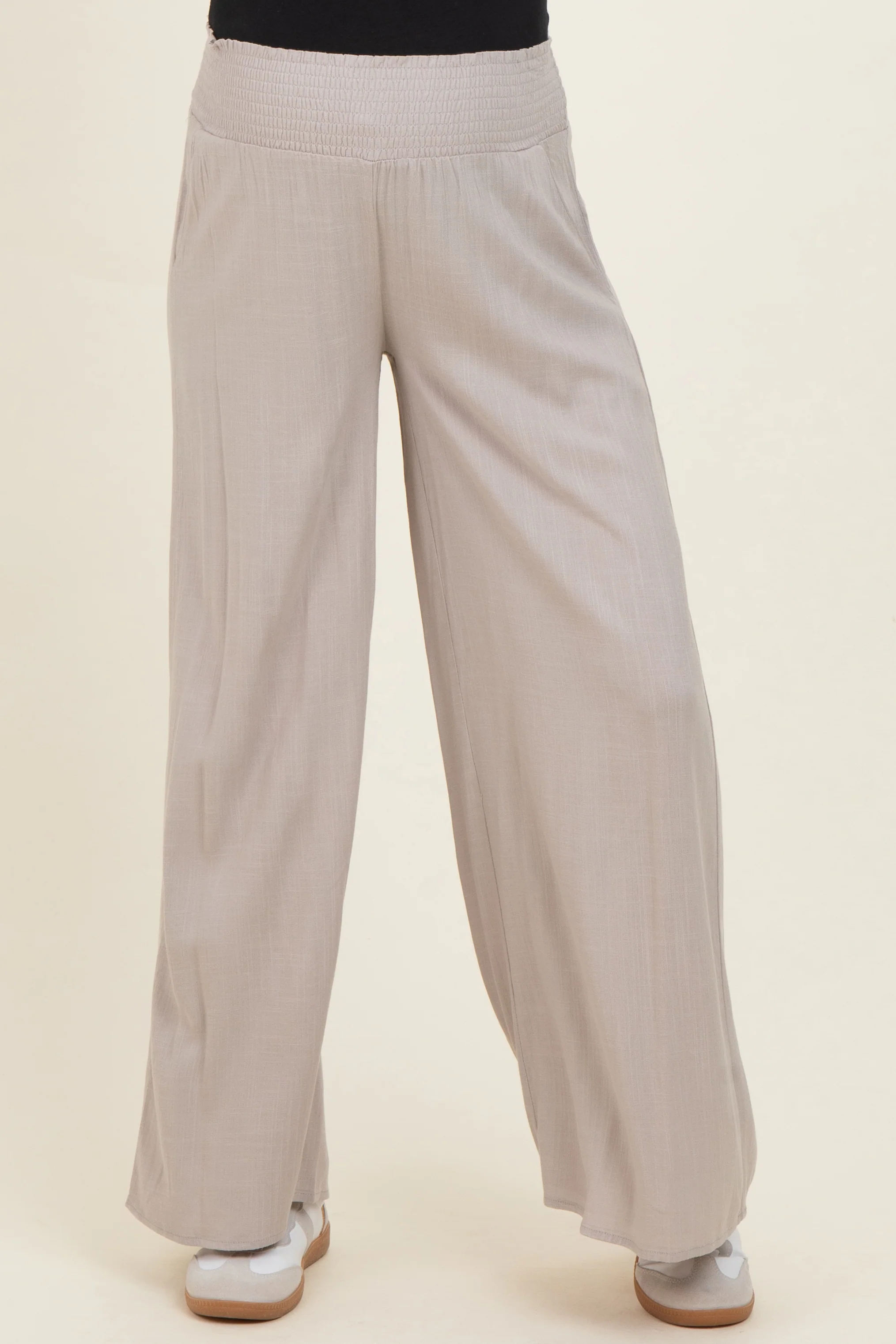 Beige Smocked Waistband Wide Leg Maternity Lounge Pants - Image 3
