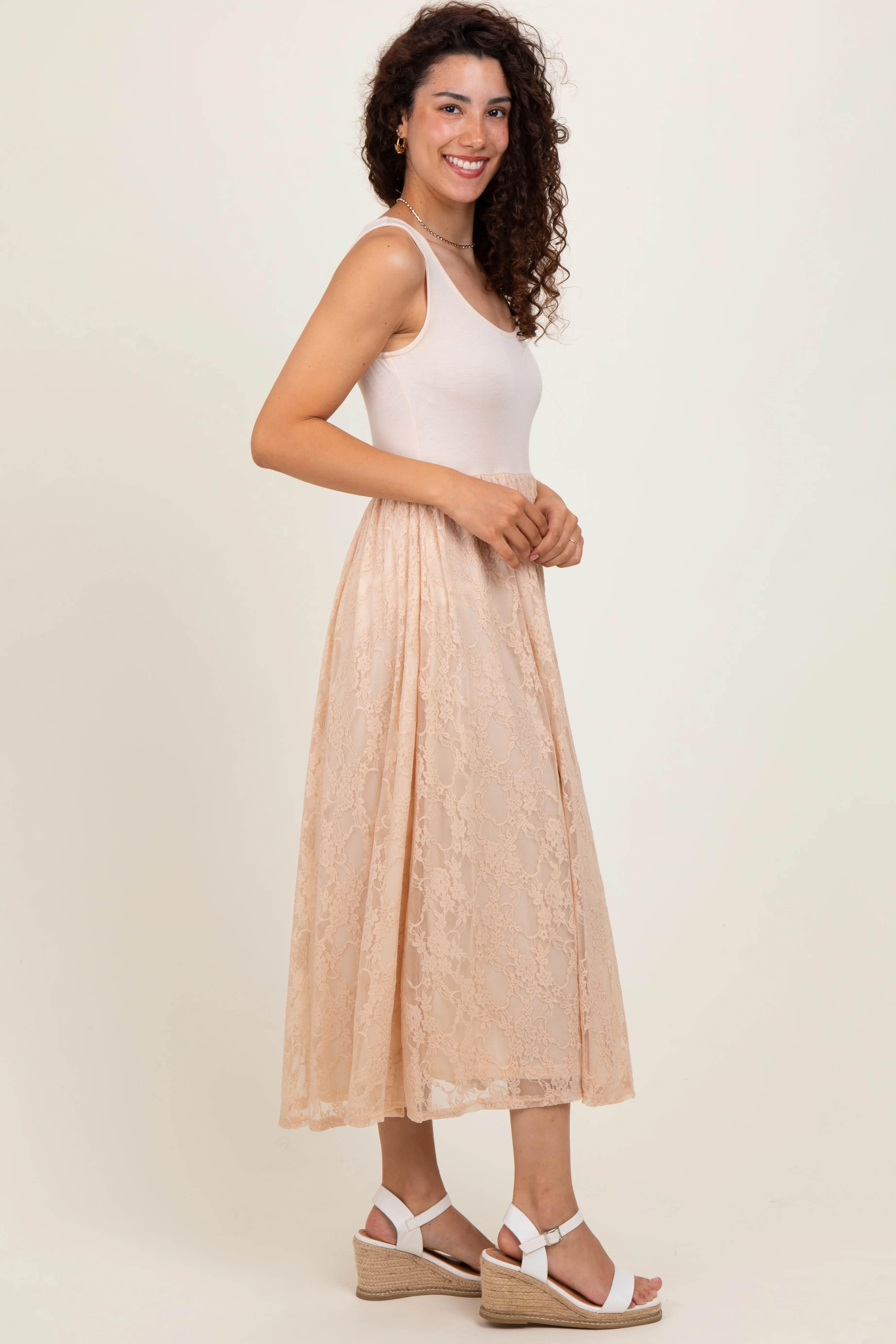 Beige Solid Tank Top Lace Skirt Midi Dress - Image 3
