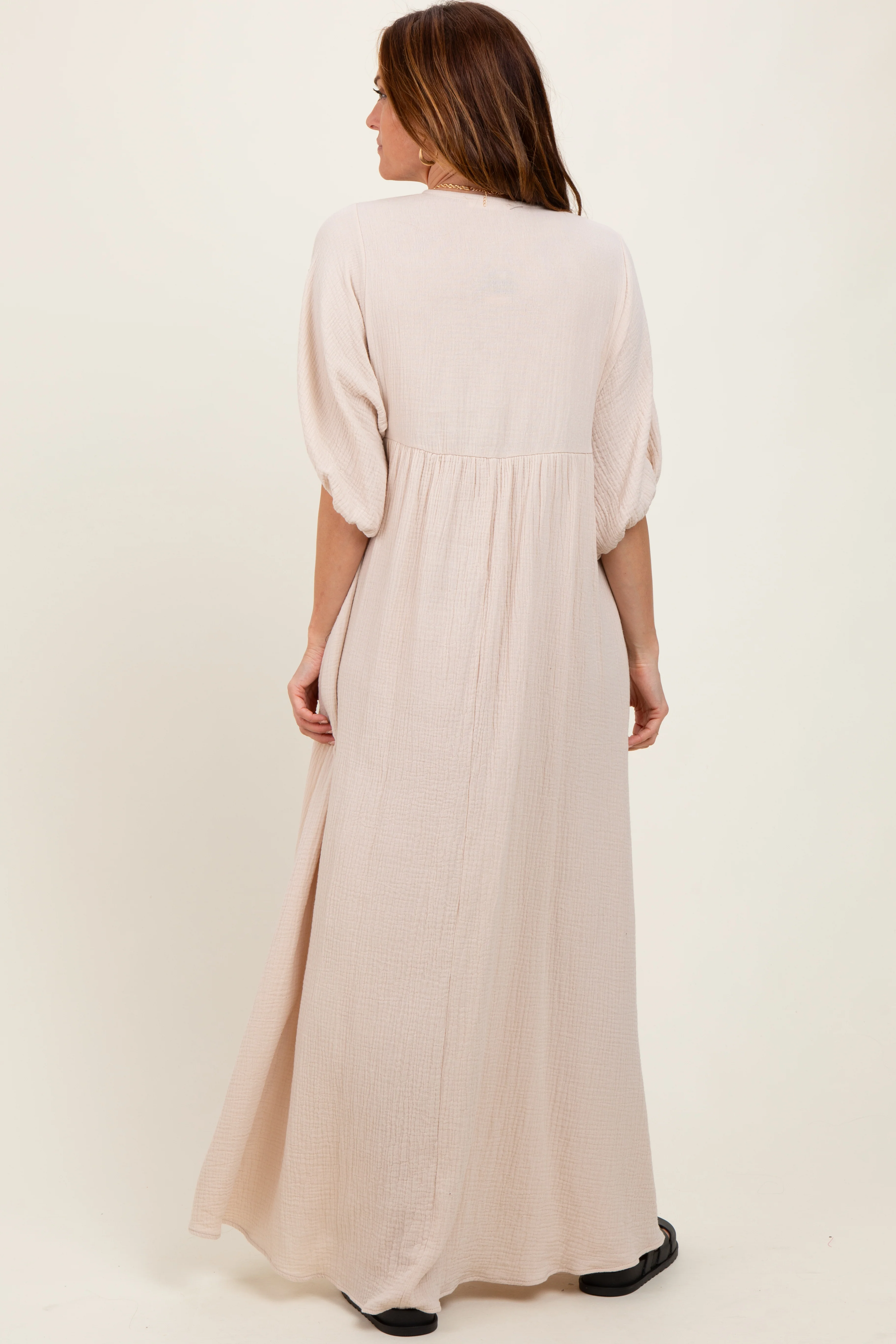 Beige Solid Woven Elbow Sleeve V-Neck Button Down Maxi Dress - Image 4