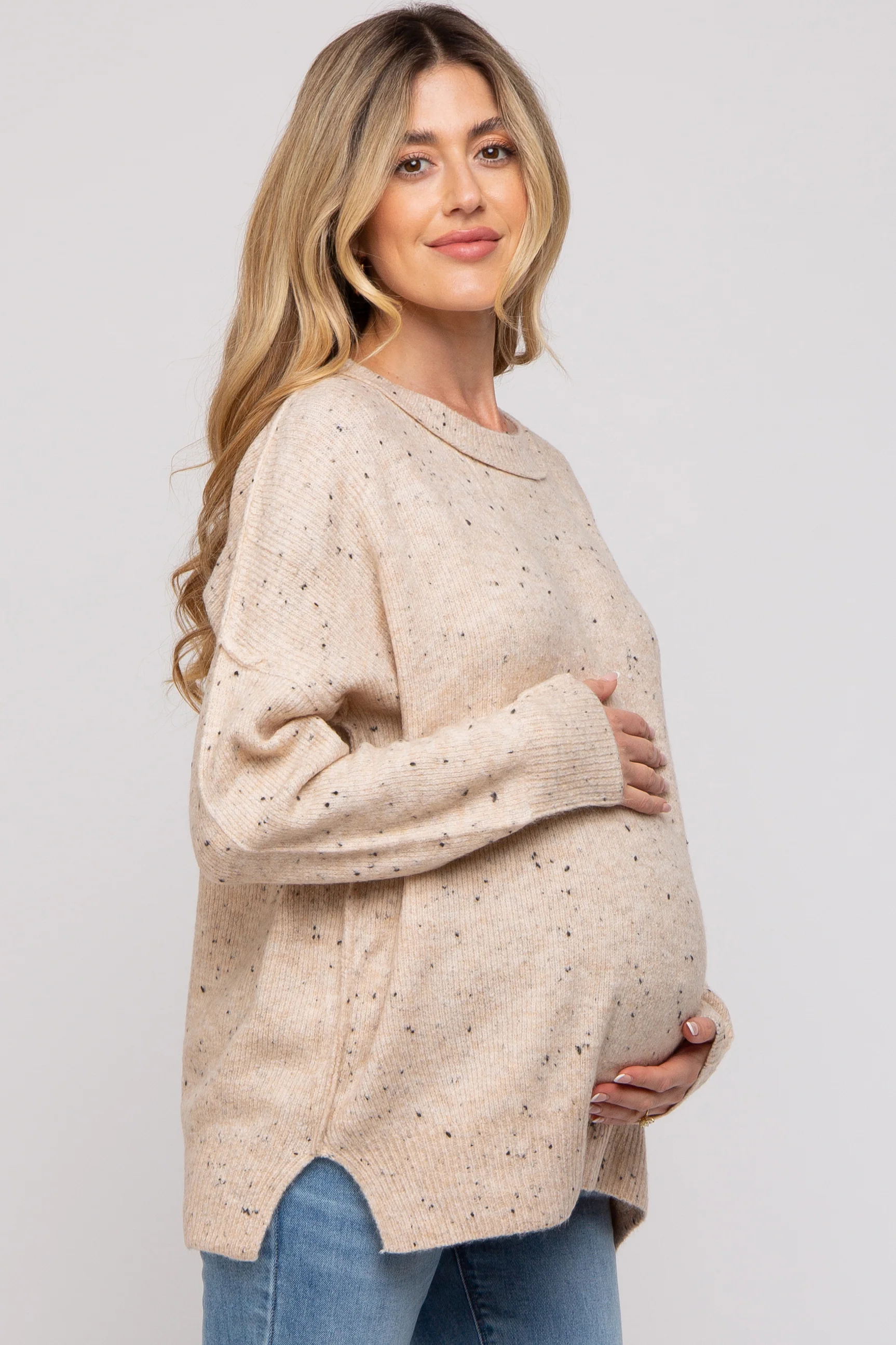 Beige Speckled Knit Maternity Sweater - Image 2