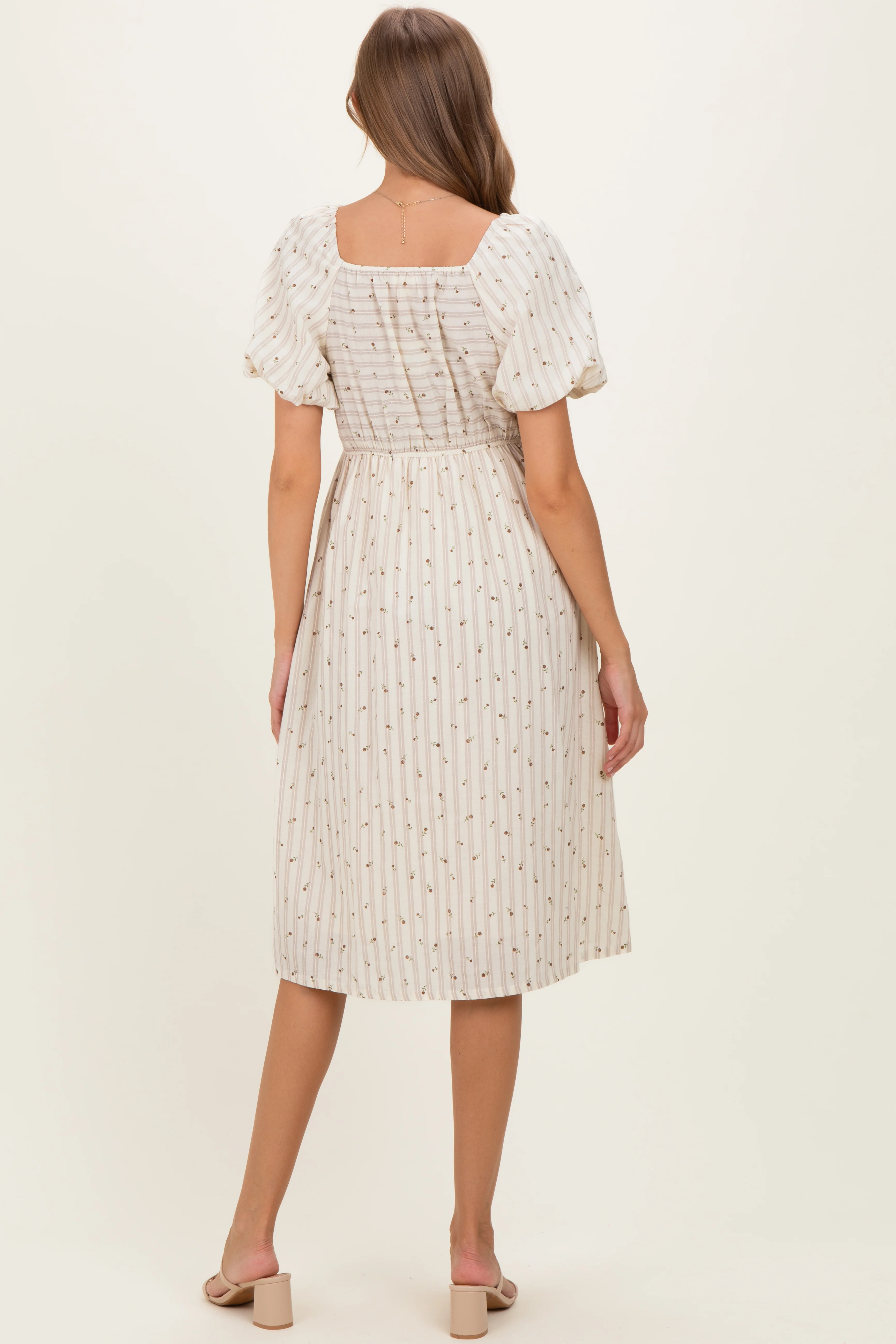 Beige Square Neck Striped Maternity Dress - Image 4