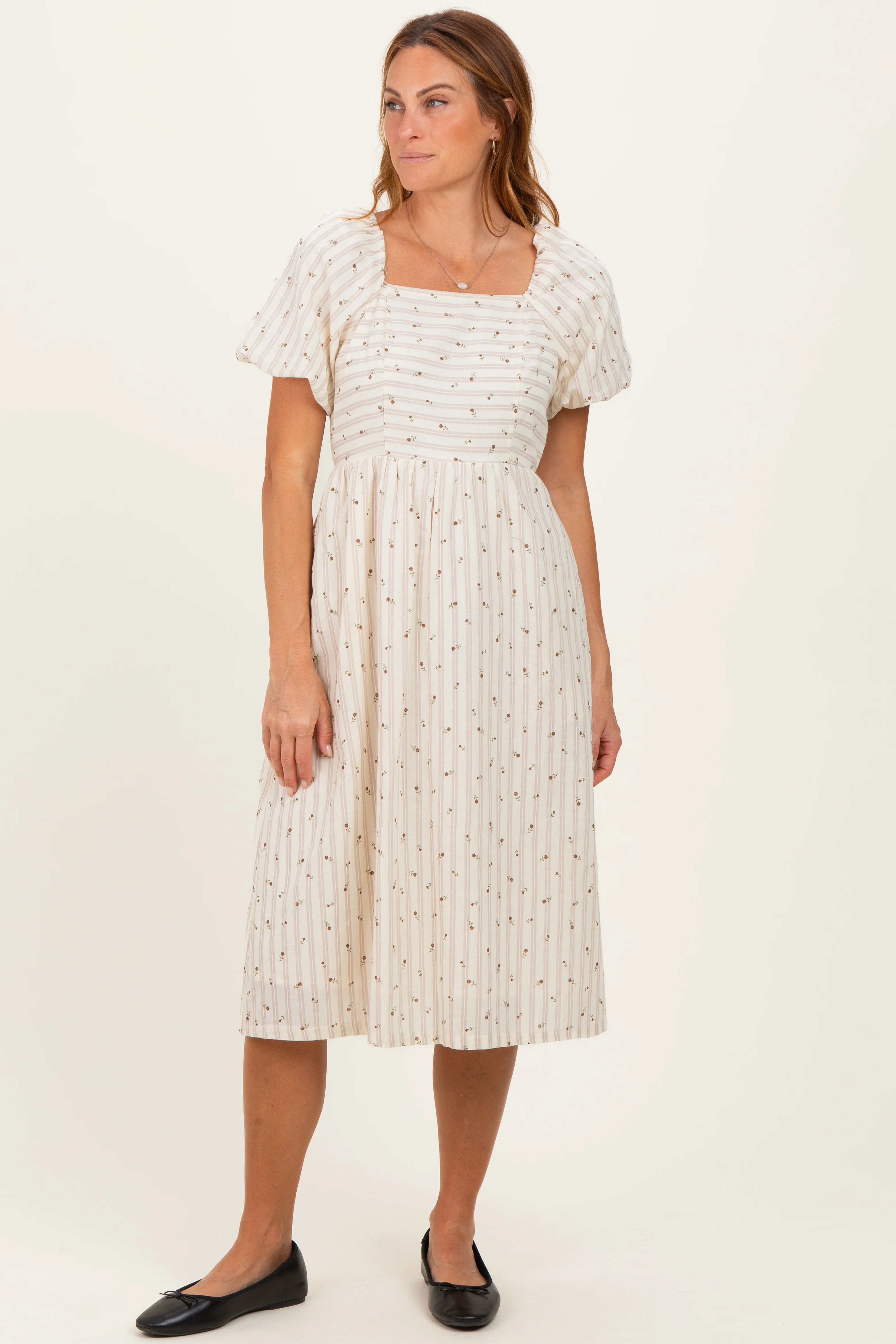 Beige Square Neck Striped Maternity Dress - Image 5