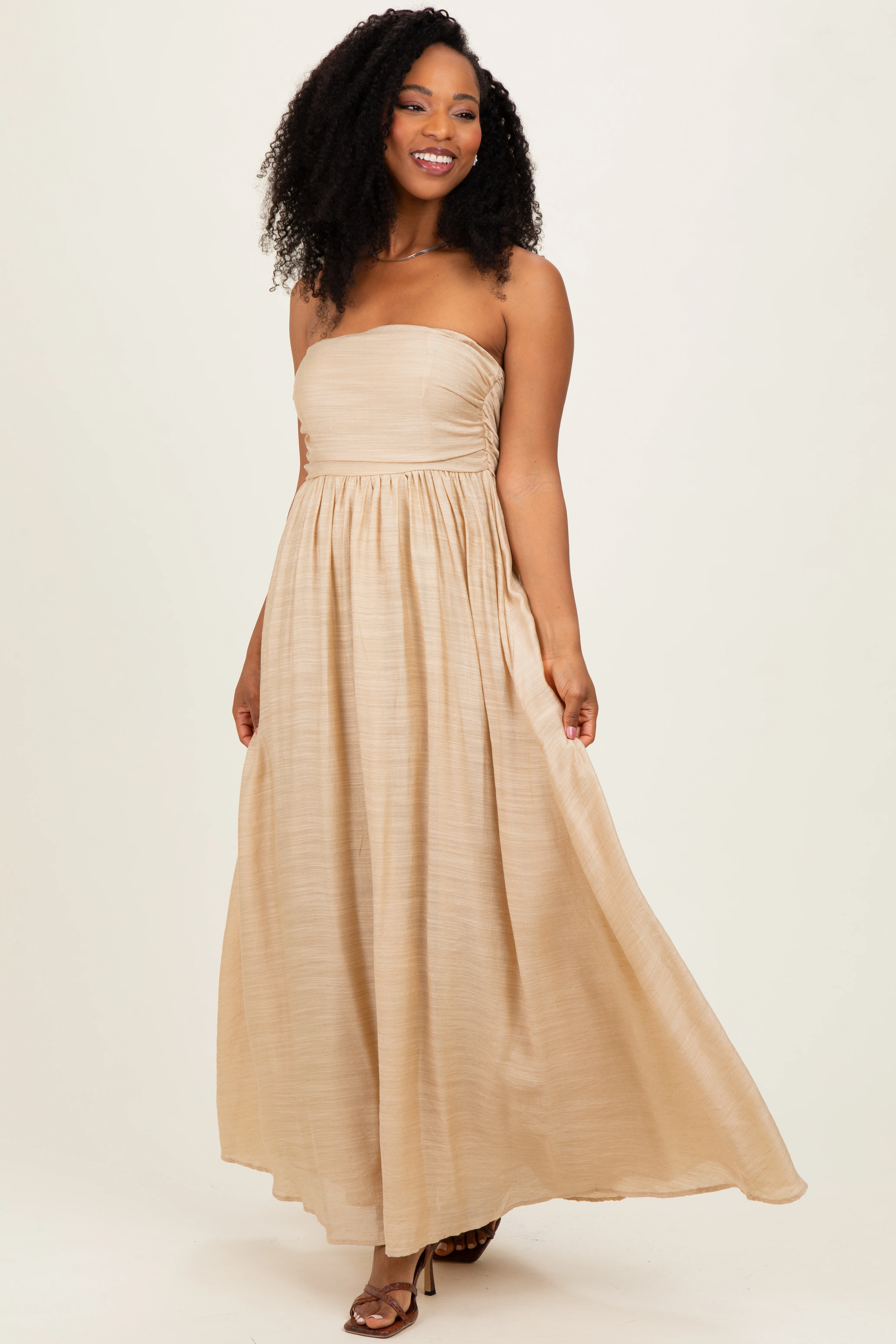 Beige Strapless Tie Back Maternity Maxi Dress - Image 4