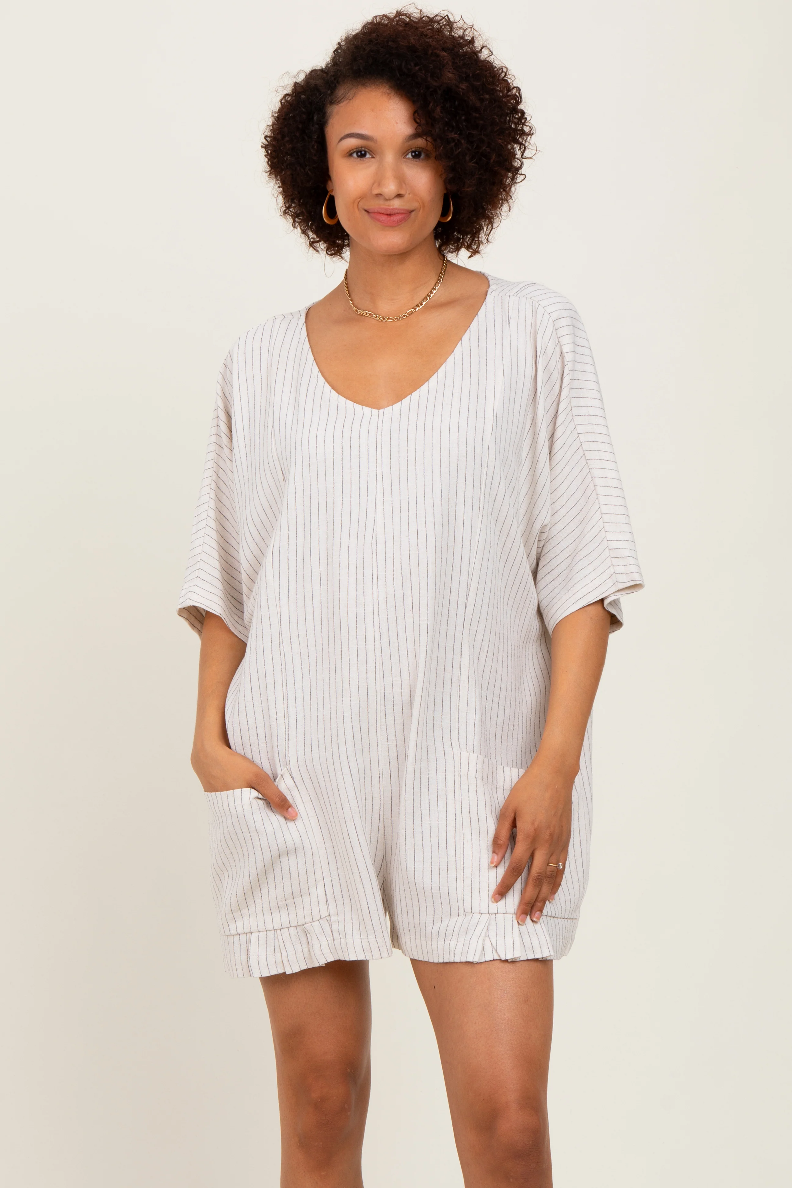 Beige Stripe Dolman Sleeve Linen Blend Maternity Romper - Image 5