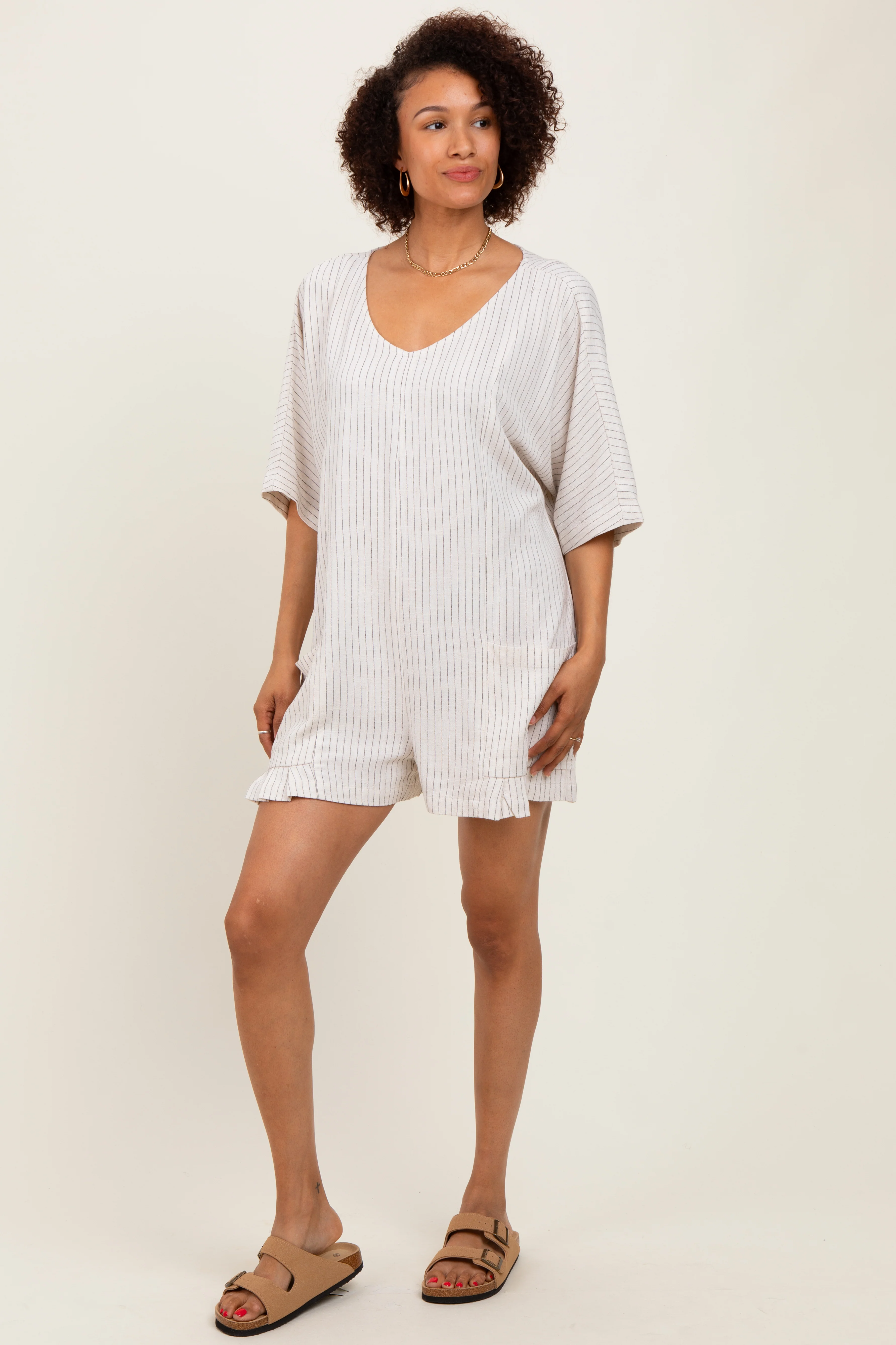 Beige Stripe Dolman Sleeve Linen Blend Romper - Image 3