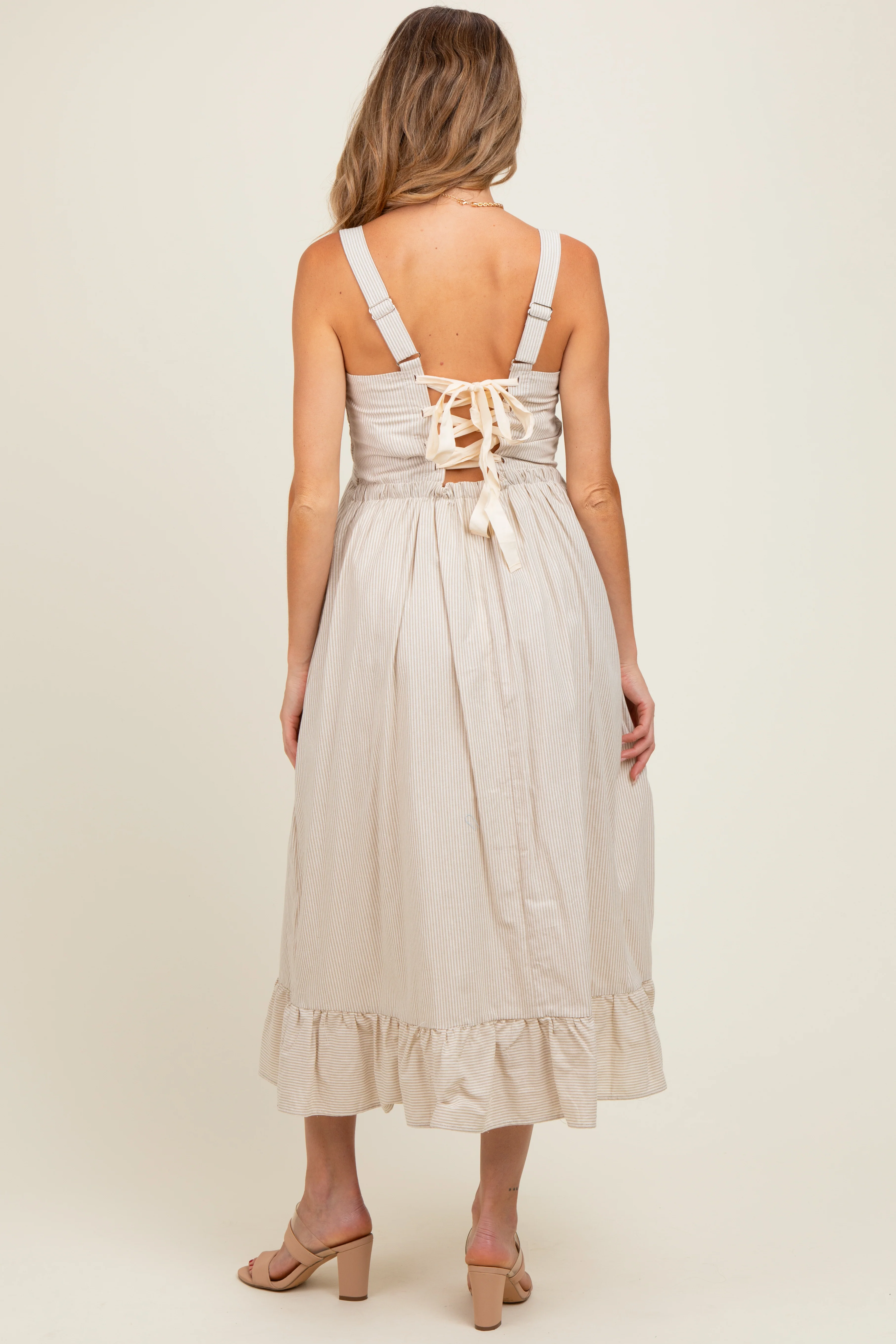 Beige Striped Cotton Sleeveless Maternity Dress - Image 4