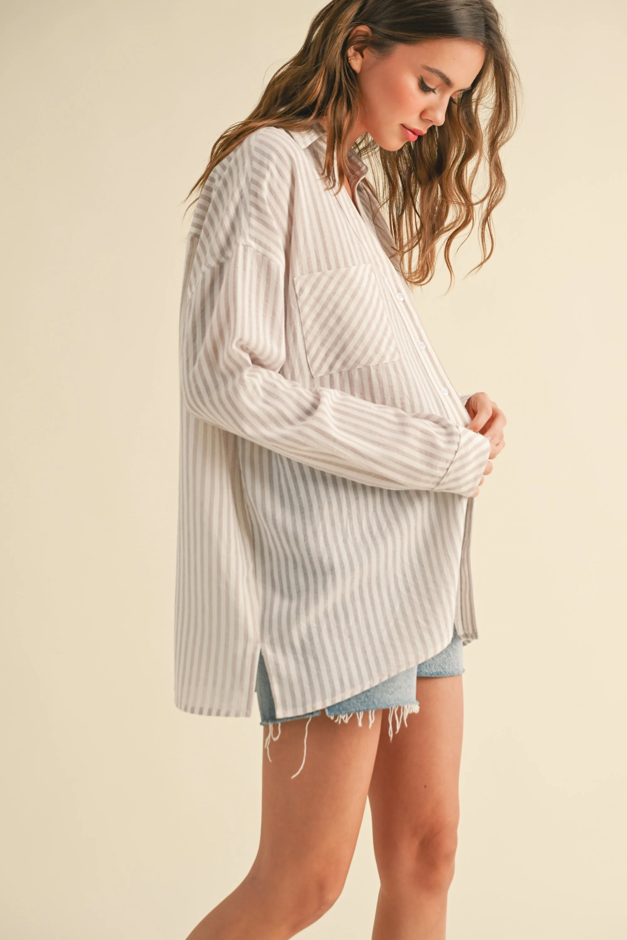 Beige Striped Double Pocket Button Down Top - Image 3