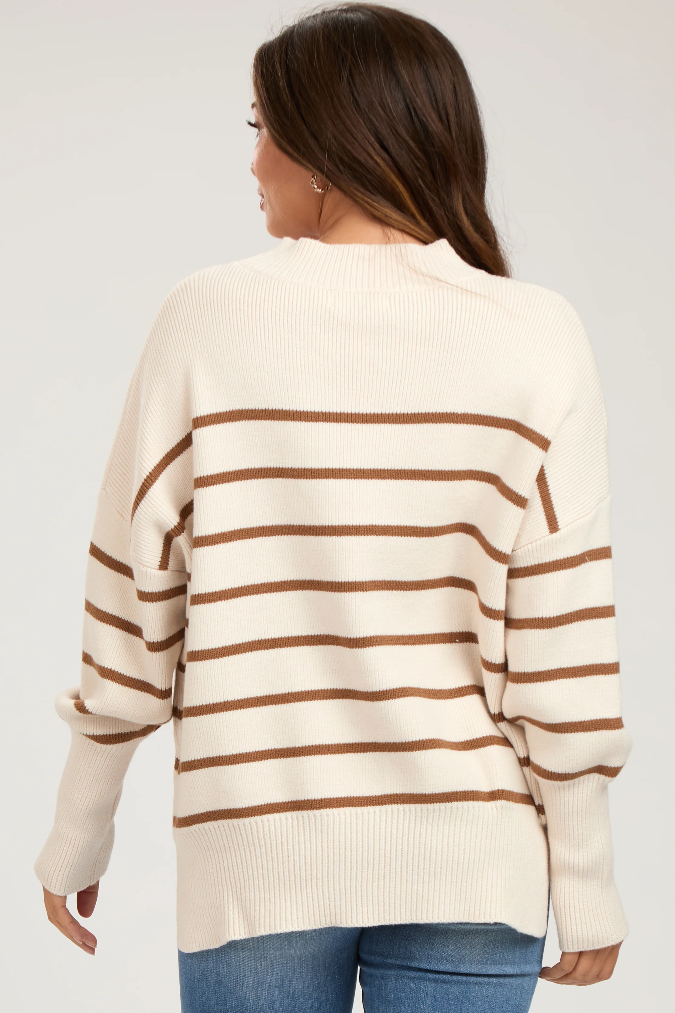 Beige Striped Drop Shoulder Maternity Sweater - Image 3