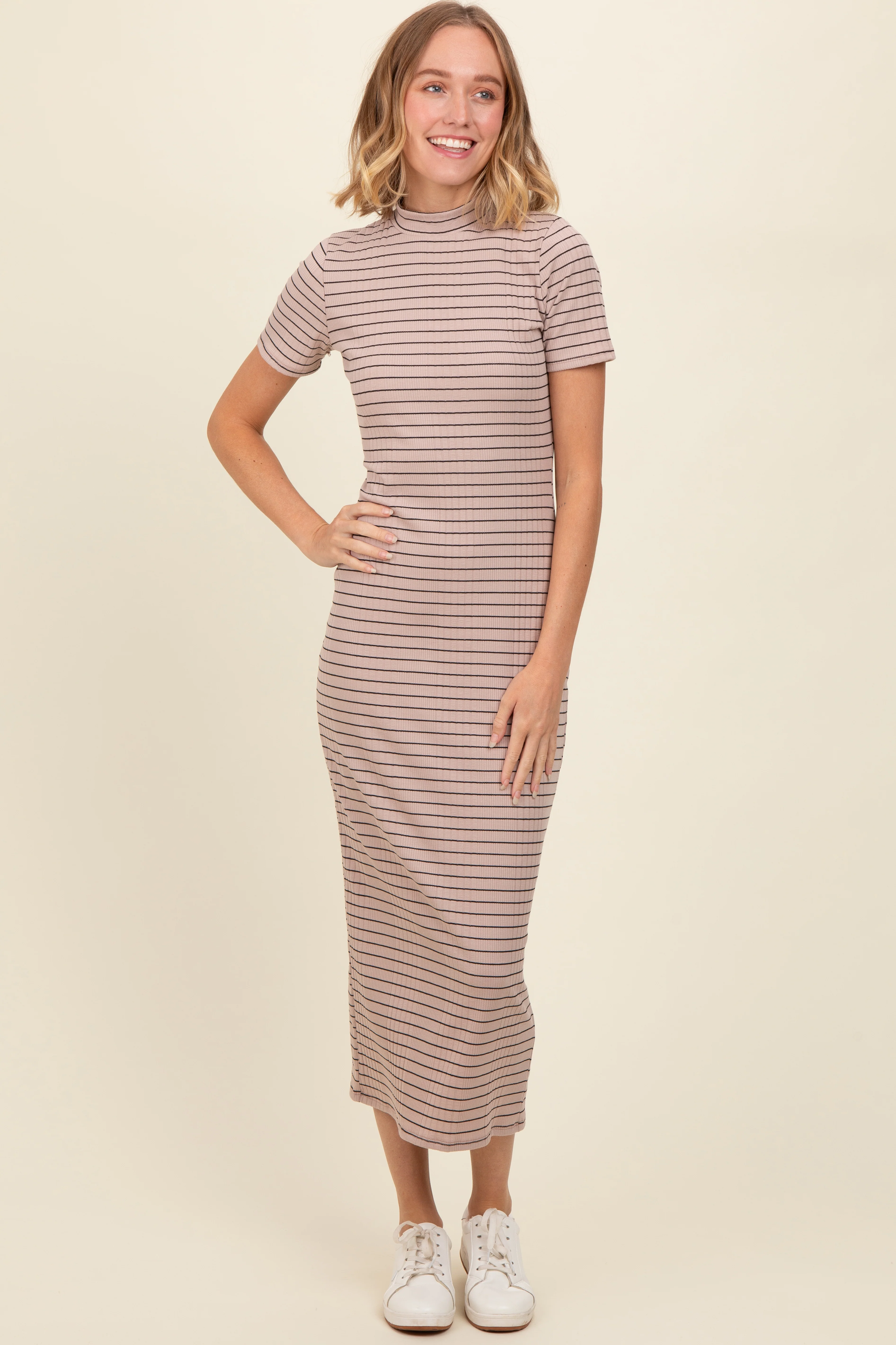 Beige Striped Mock Neck Fitted Midi Dress - Image 2