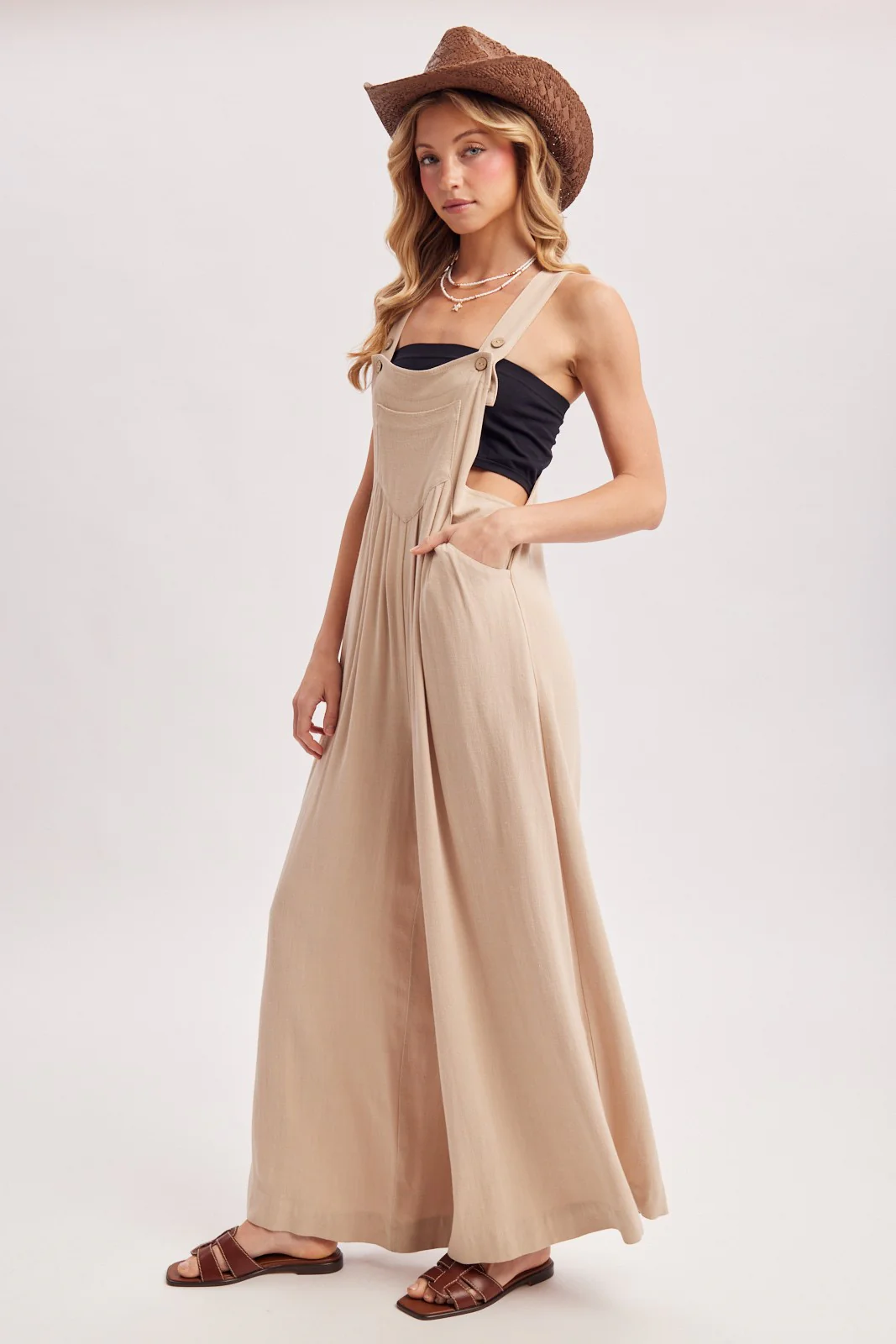 Beige Super Wide Leg Overall Jumpsuit - Image 3