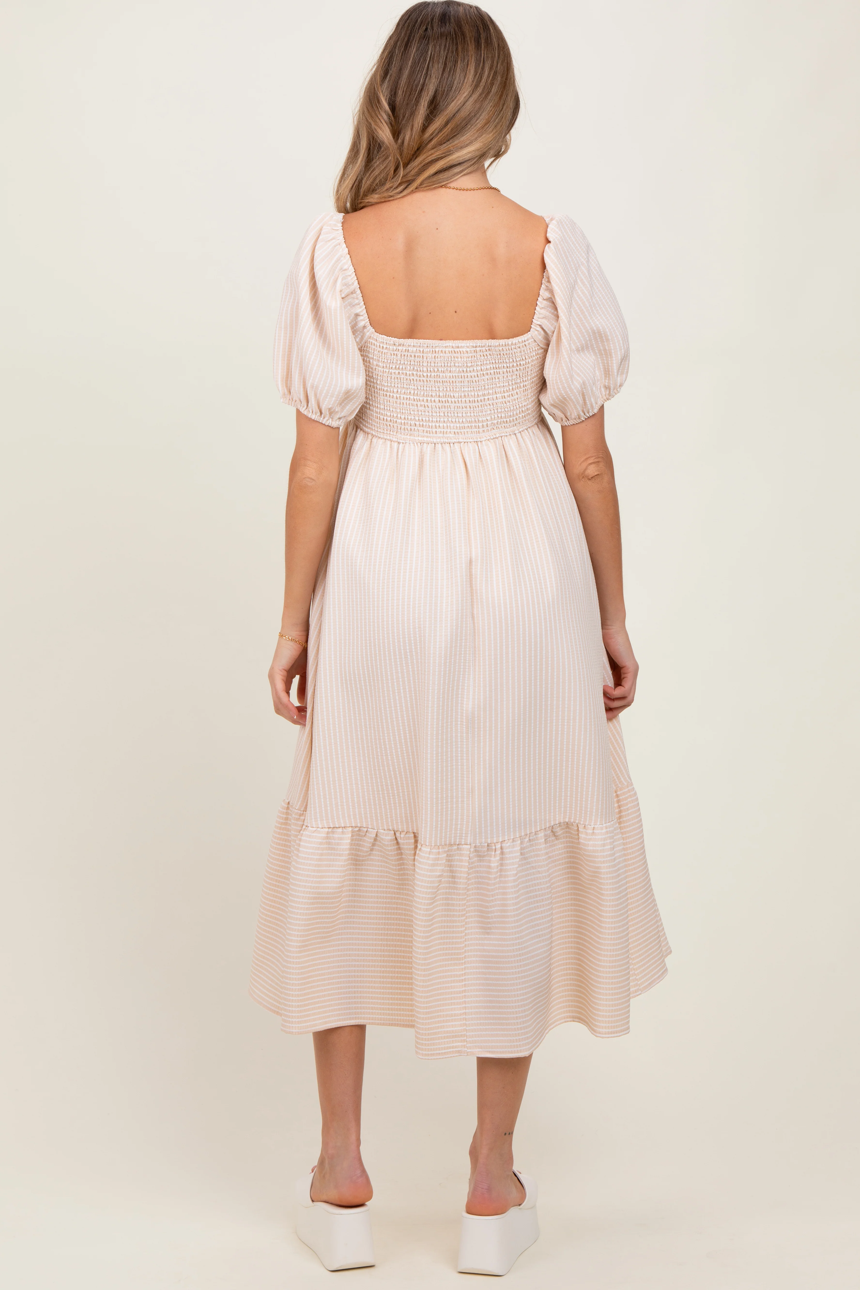 Beige Sweetheart Stripe Smocked Back Maternity Midi Dress - Image 3