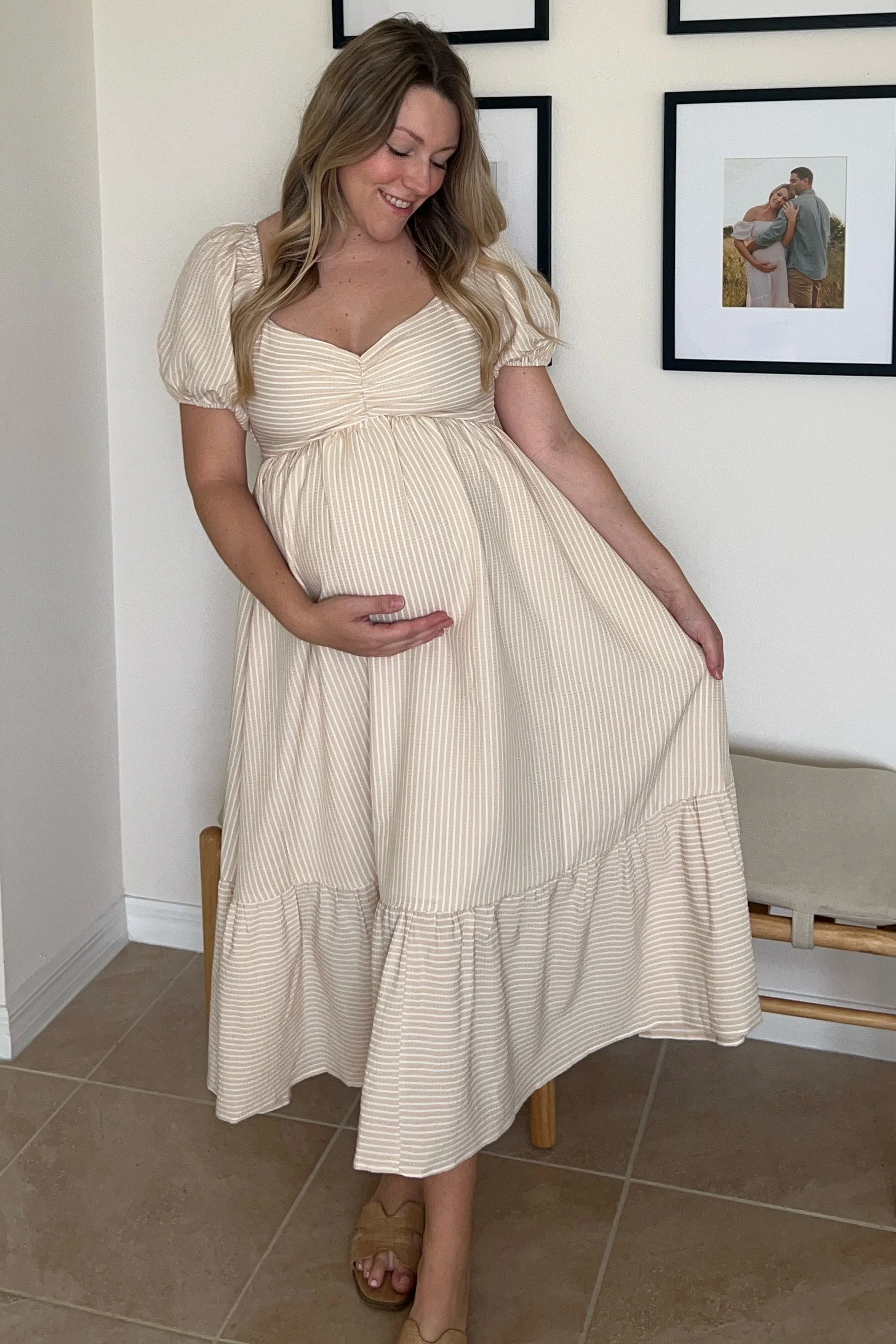 Beige Sweetheart Stripe Smocked Back Maternity Midi Dress - Image 4