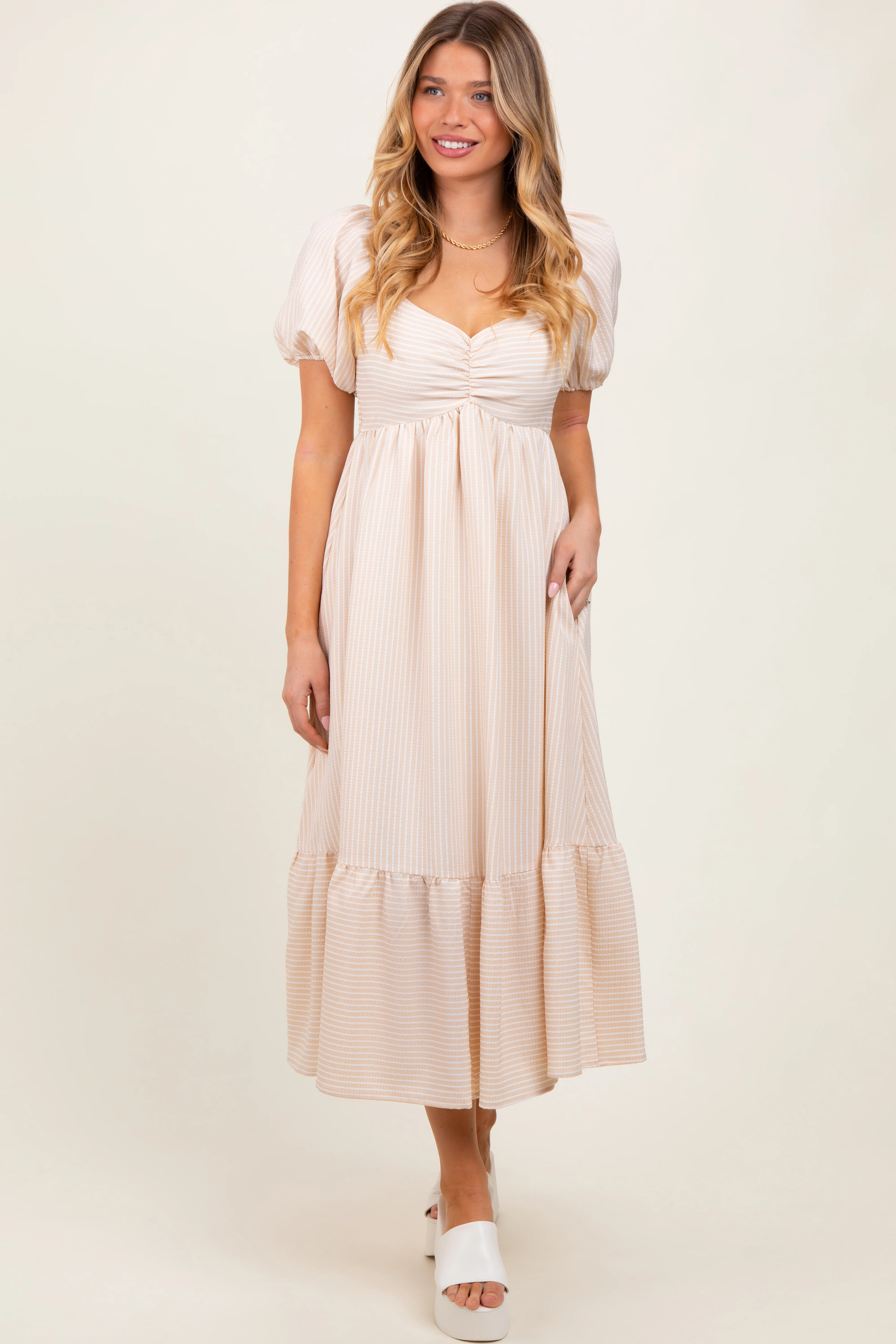 Beige Sweetheart Stripe Smocked Back Maternity Midi Dress - Image 5