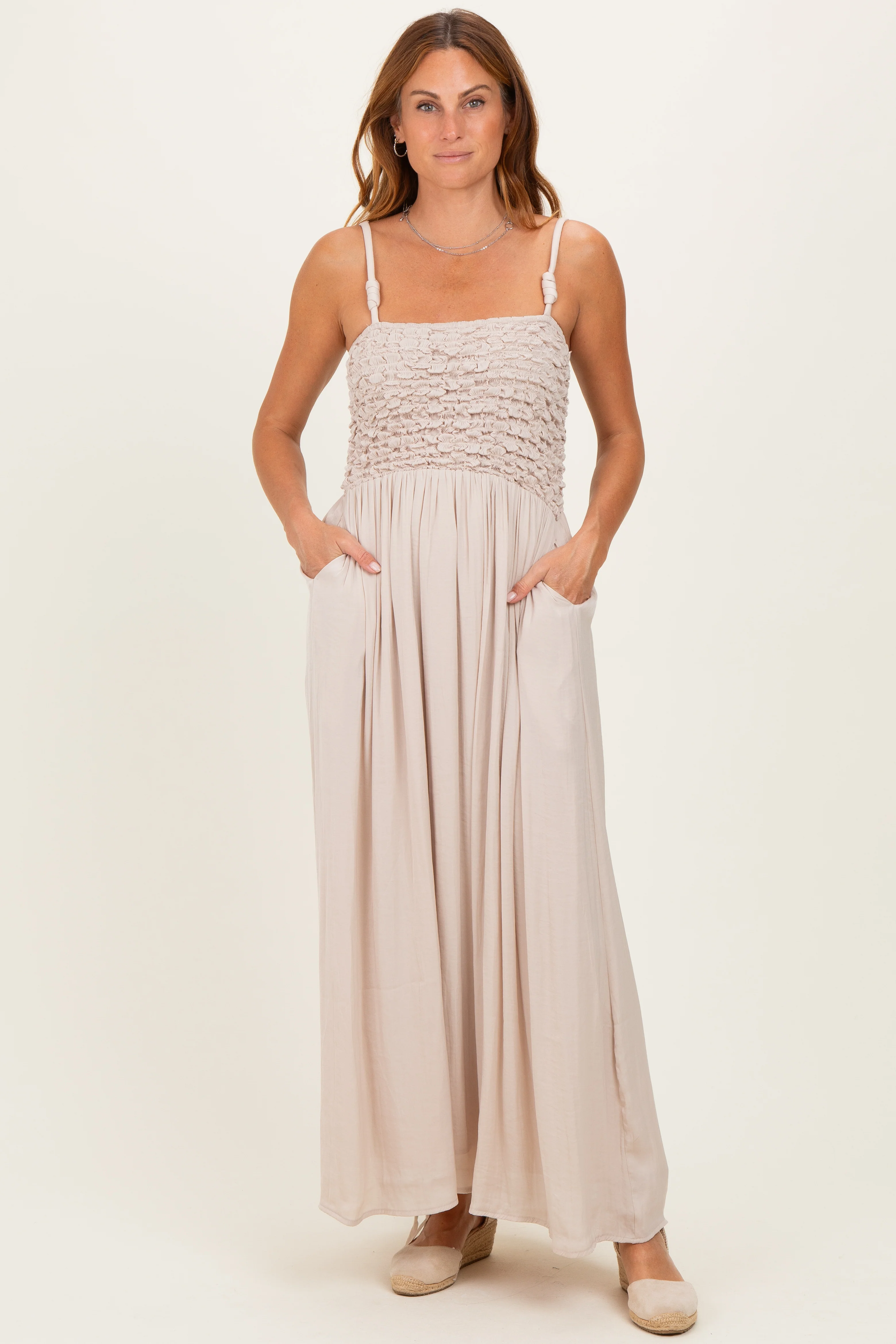 Beige Textured Smocked Maternity Maxi Dress - Image 5