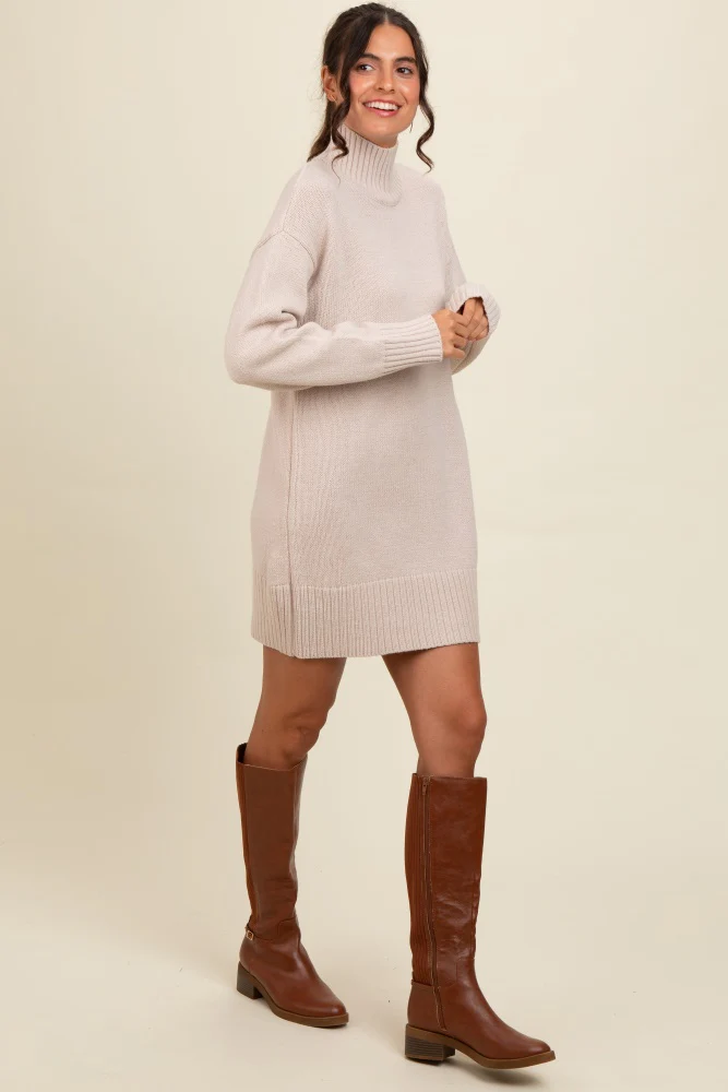 Beige Turtle Neck Mini Sweater Dress - Image 3