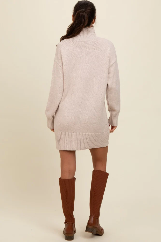 Beige Turtle Neck Mini Sweater Dress - Image 4