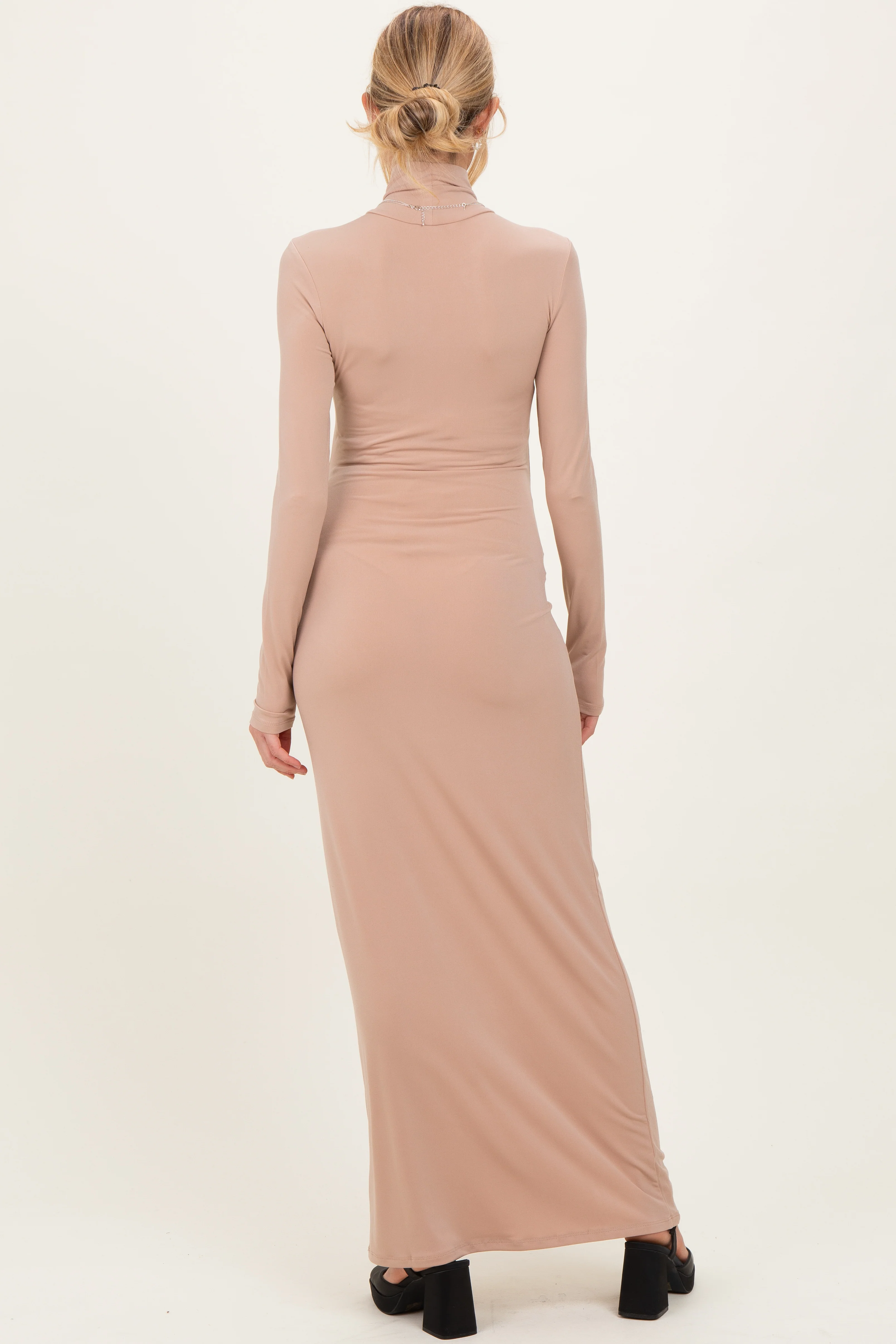 Beige Turtleneck Long Sleeve Maternity Maxi Dress - Image 4