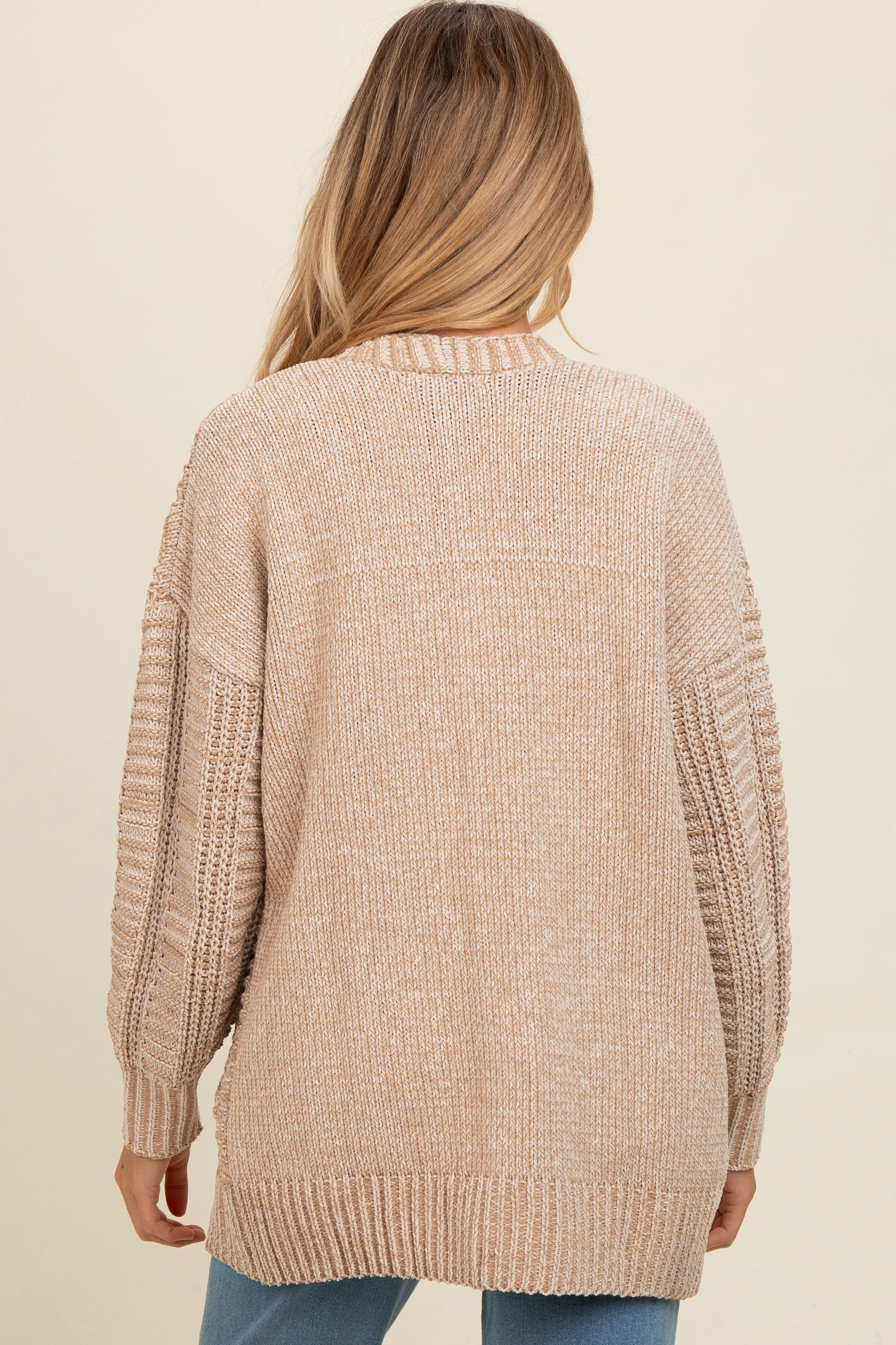 Beige Two Toned Oversized Cable Knit Maternity Cardigan - Image 4