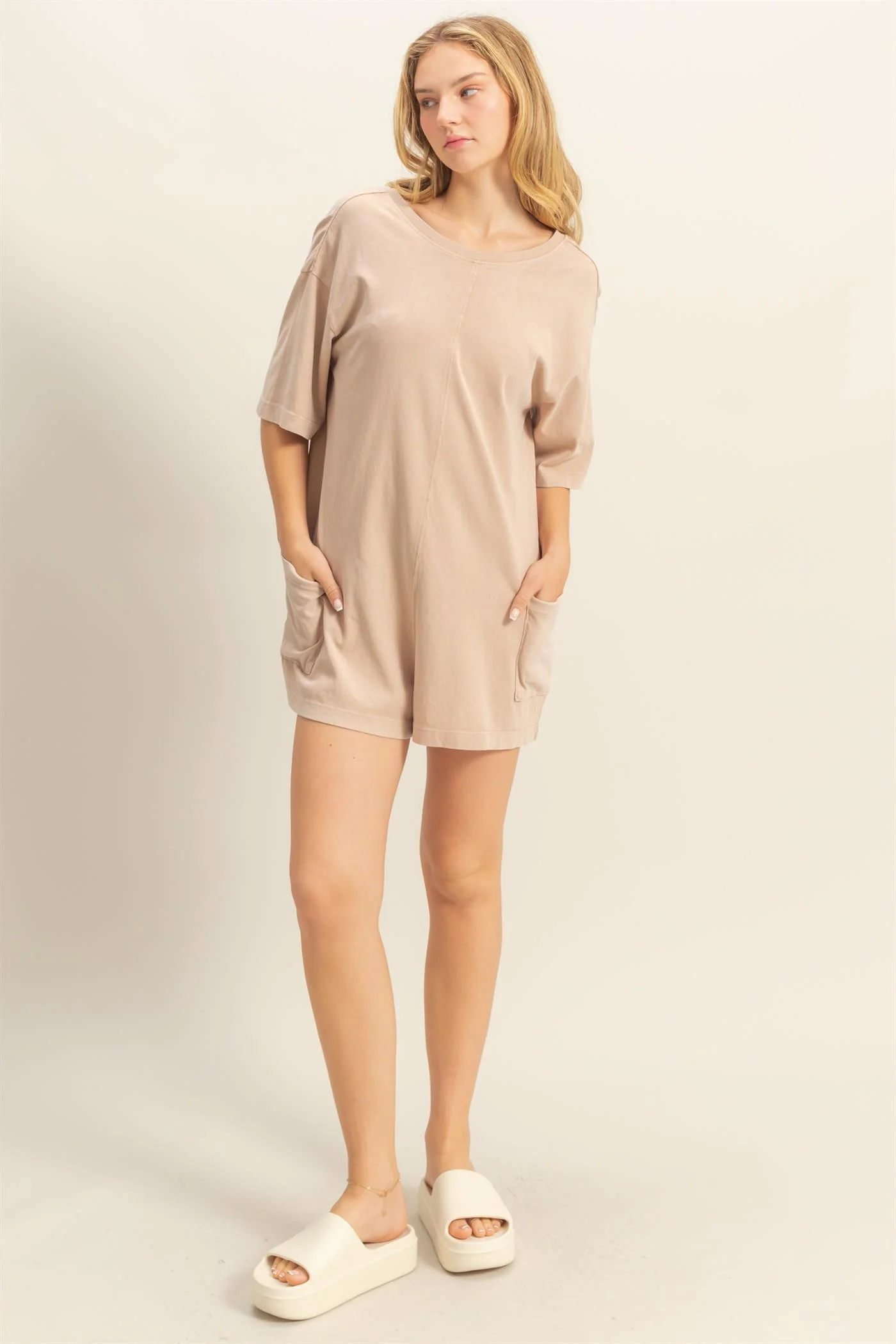 Beige V Back Short Sleeve Pocketed Romper