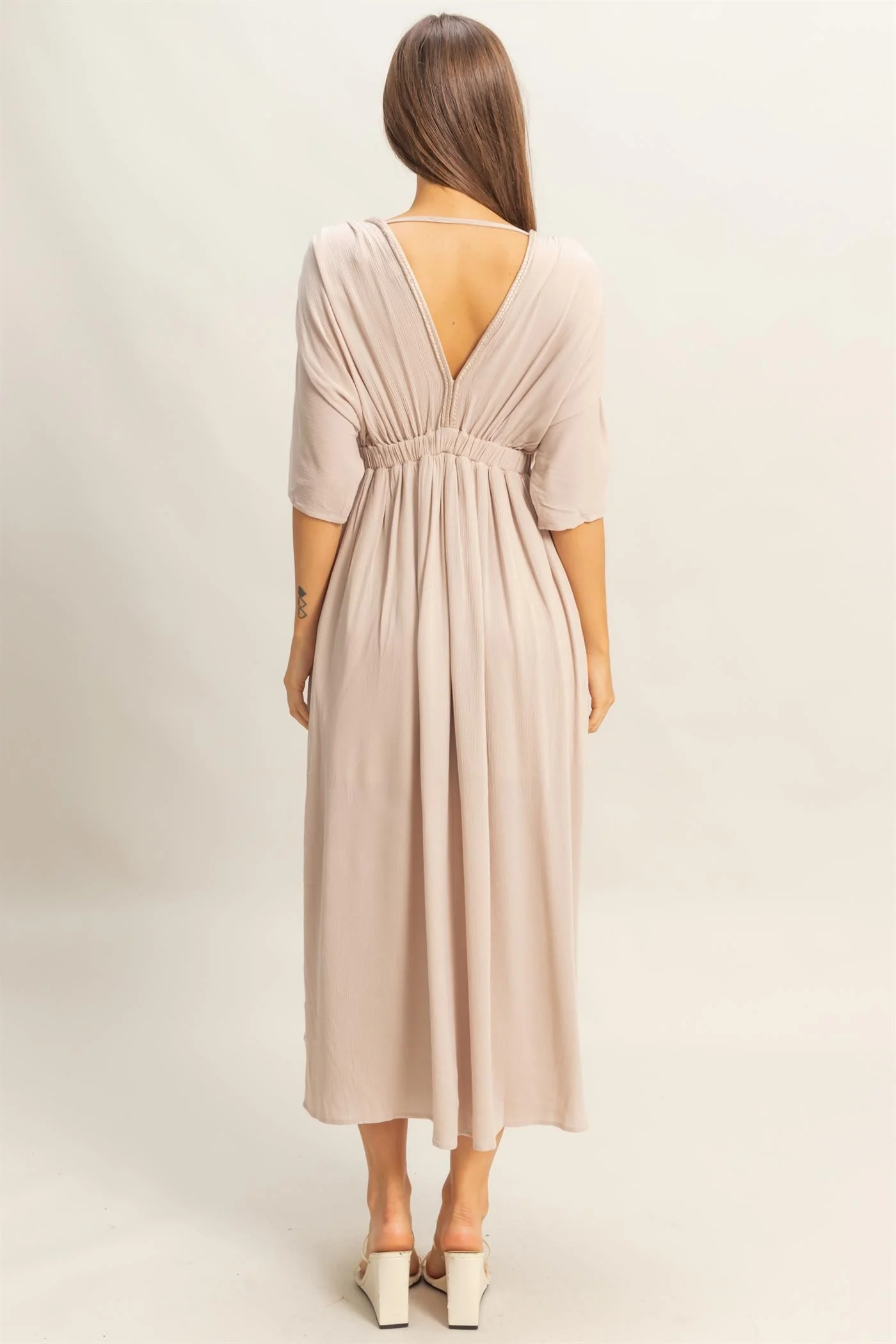 Beige V-Neck Braid Detail Maxi Dress - Image 3