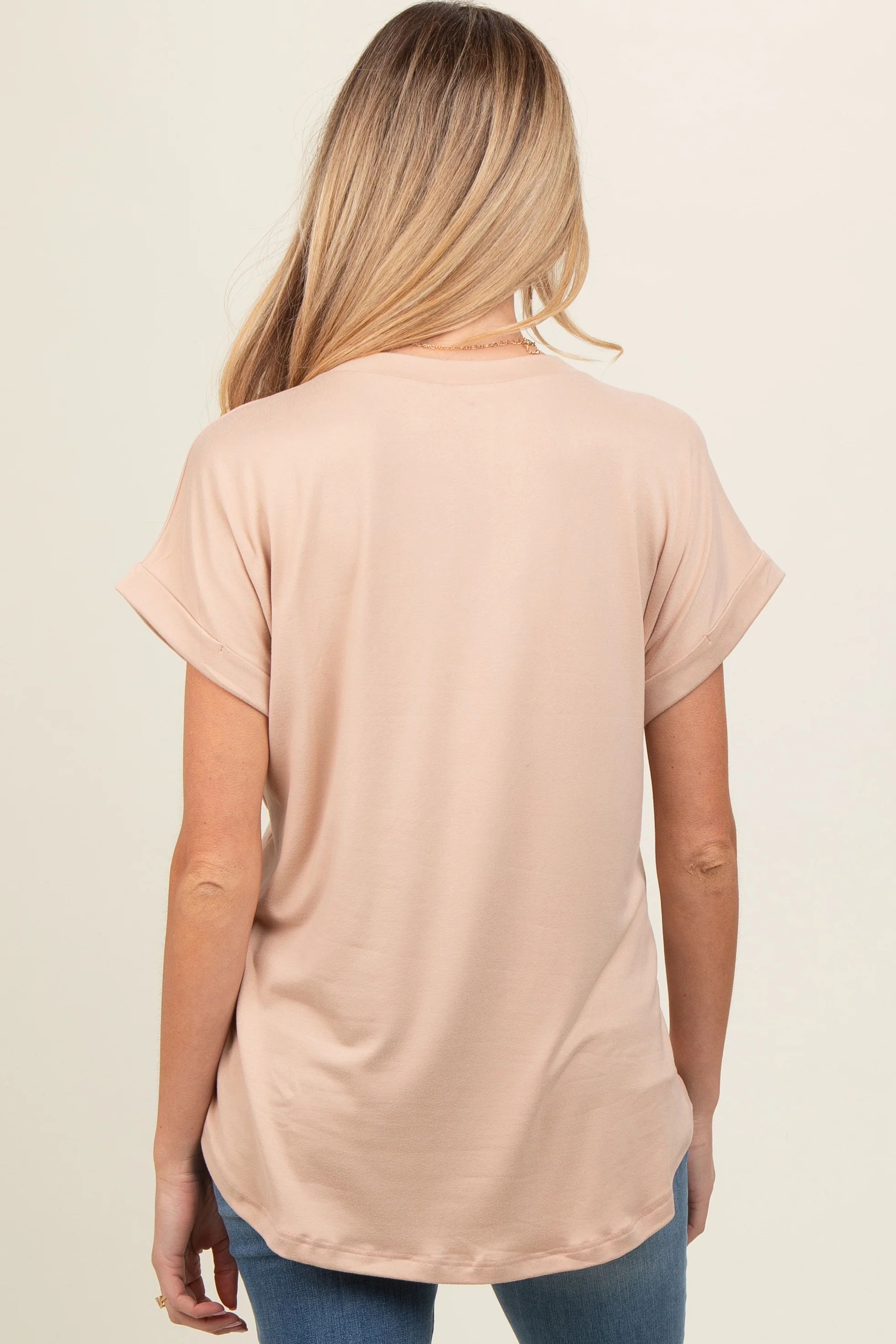Beige V-Neck Pocket Short Sleeve Maternity Shirt - Image 4