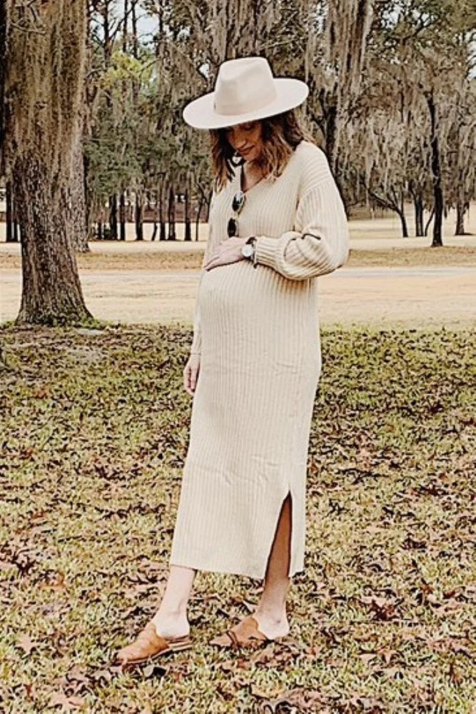 Beige V-Neck Ribbed Maternity Sweater Dress - Image 3
