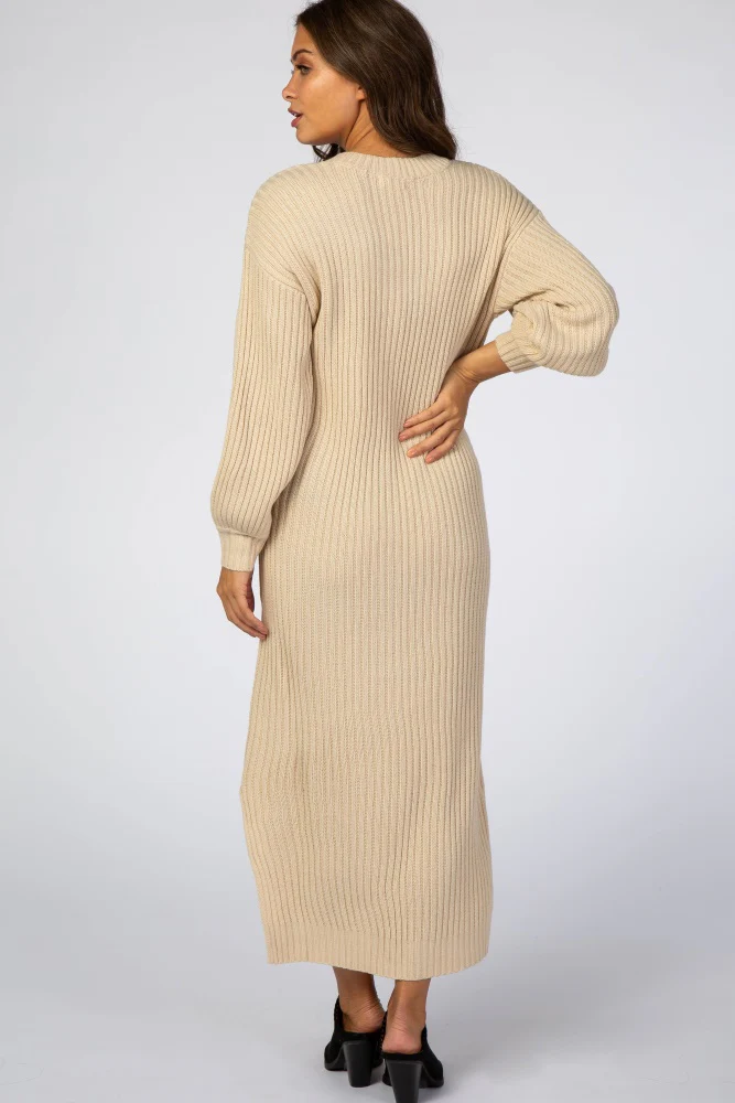 Beige V-Neck Ribbed Maternity Sweater Dress - Image 4