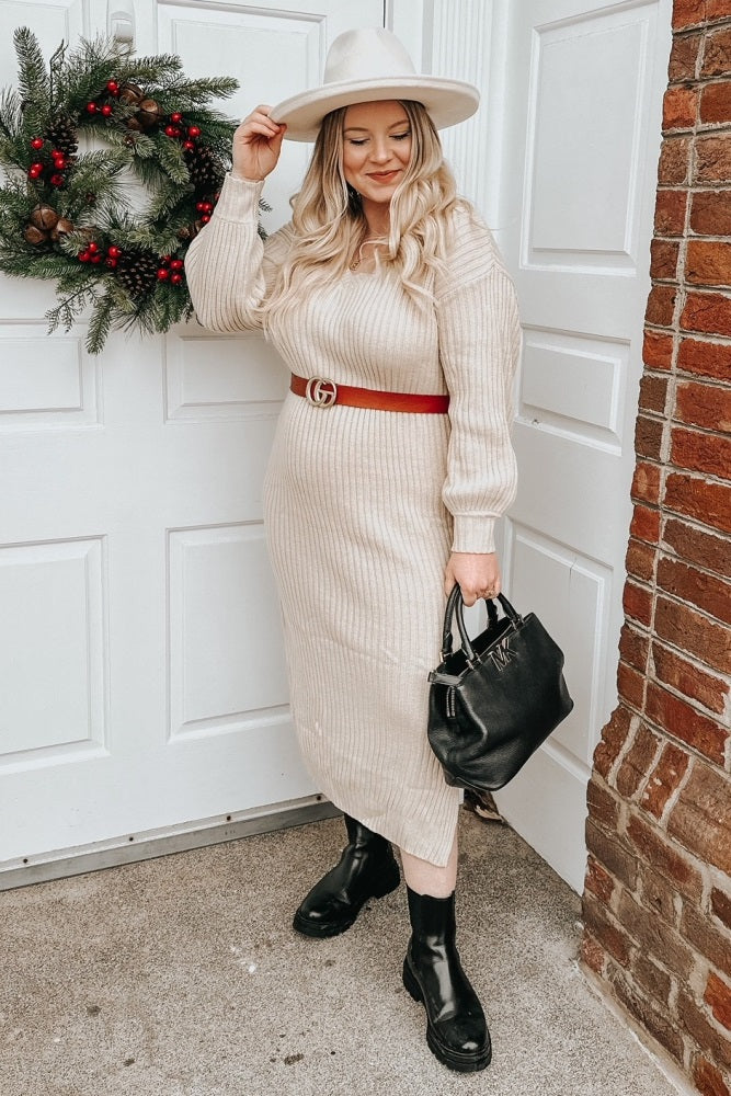 Beige V-Neck Ribbed Sweater Dress - Image 7