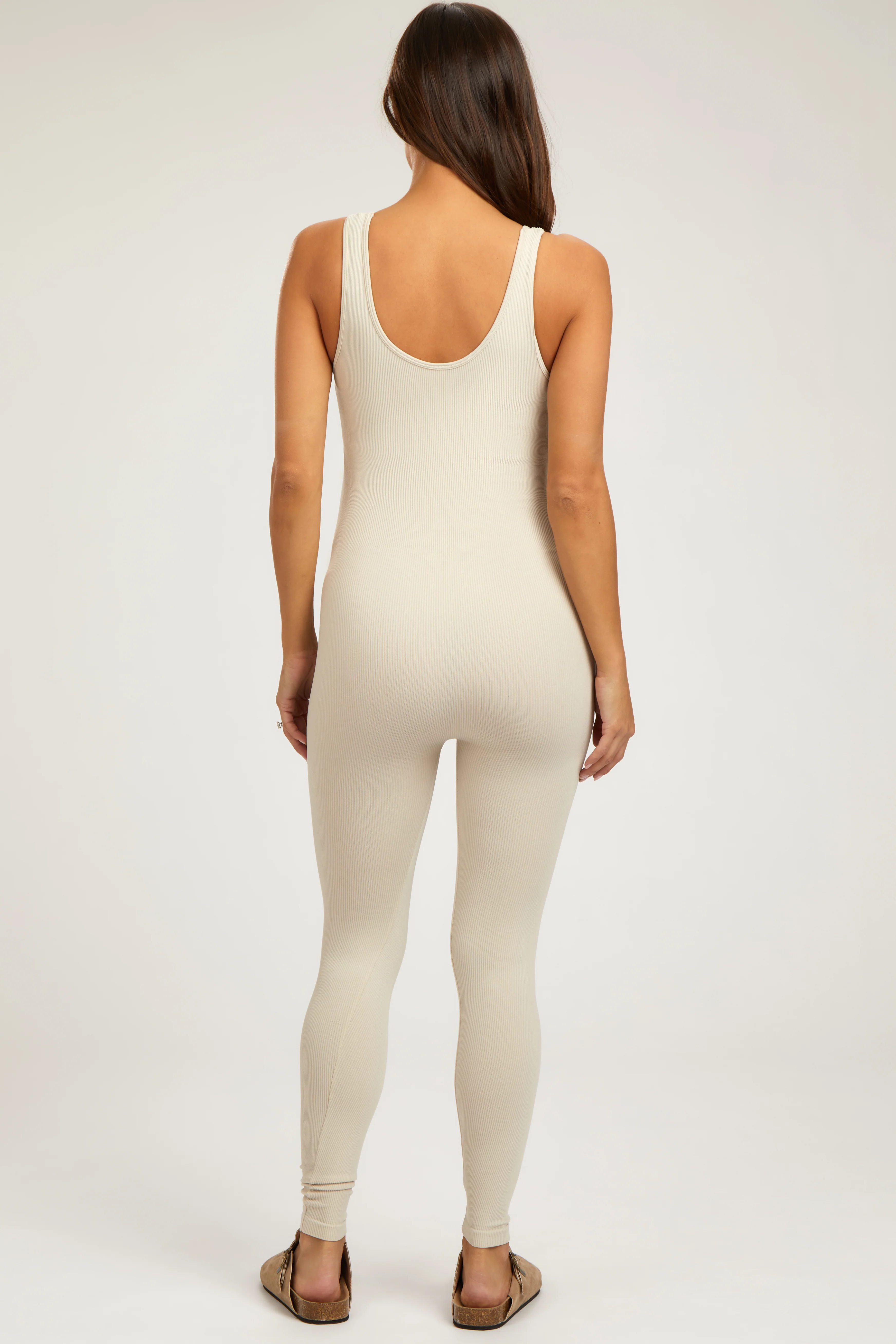 Beige V-Neck Seamless Ribbed Fitted Maternity Jumpsuit - Image 3