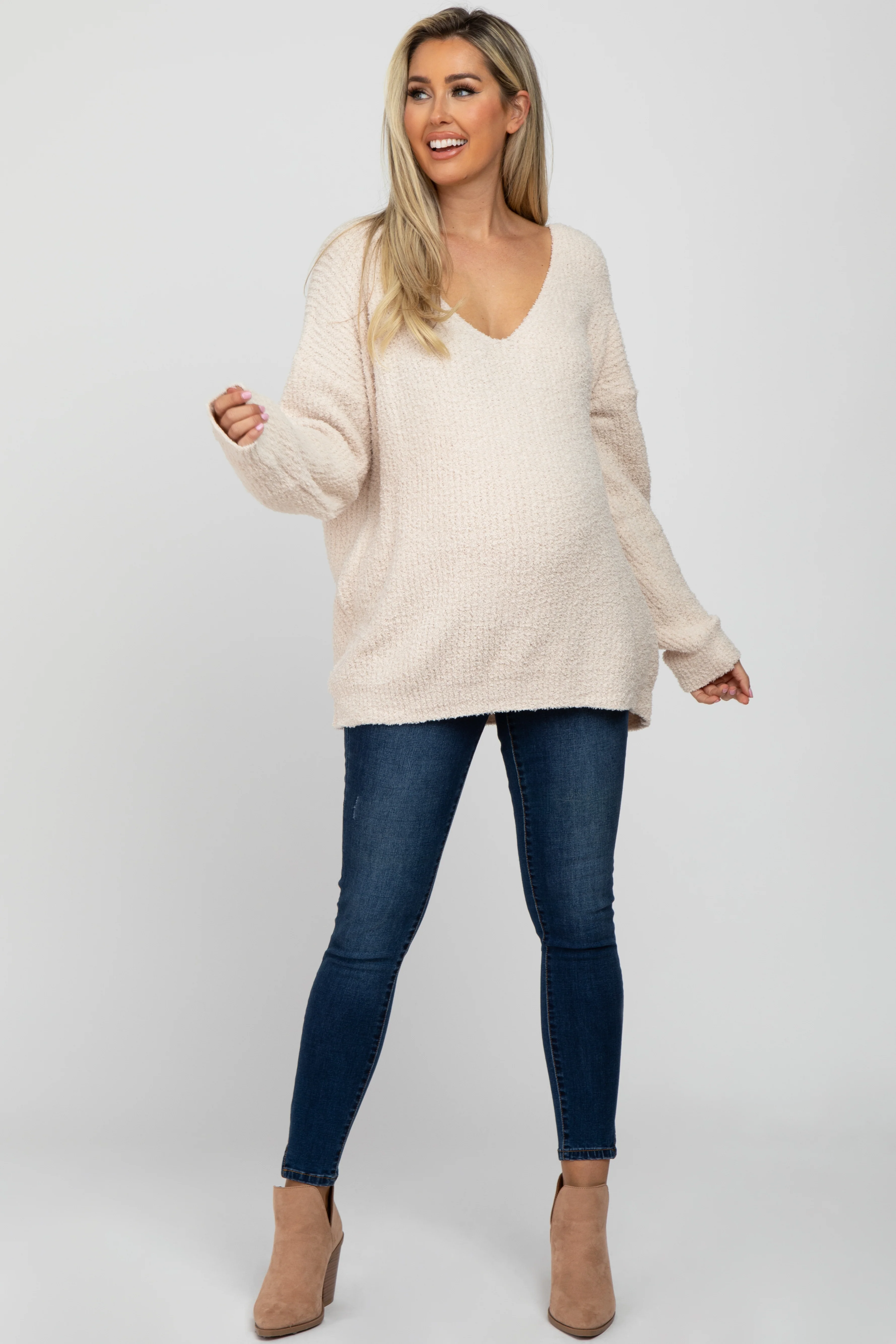 Beige V-Neck Soft Maternity Sweater - Image 4