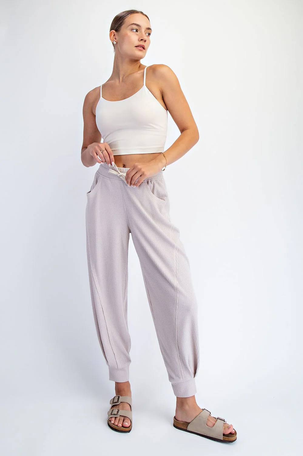 Beige Waffle Knit Raw Seam Joggers