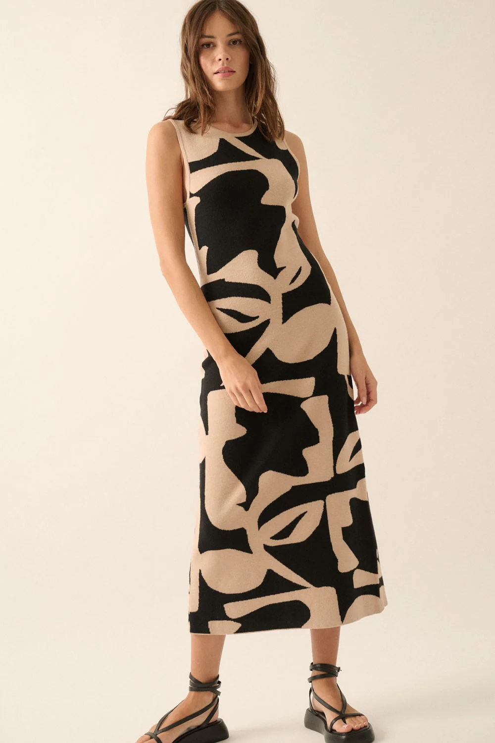 Black Abstract Print Knit Sleeveless Maternity Midi Dress - Image 4