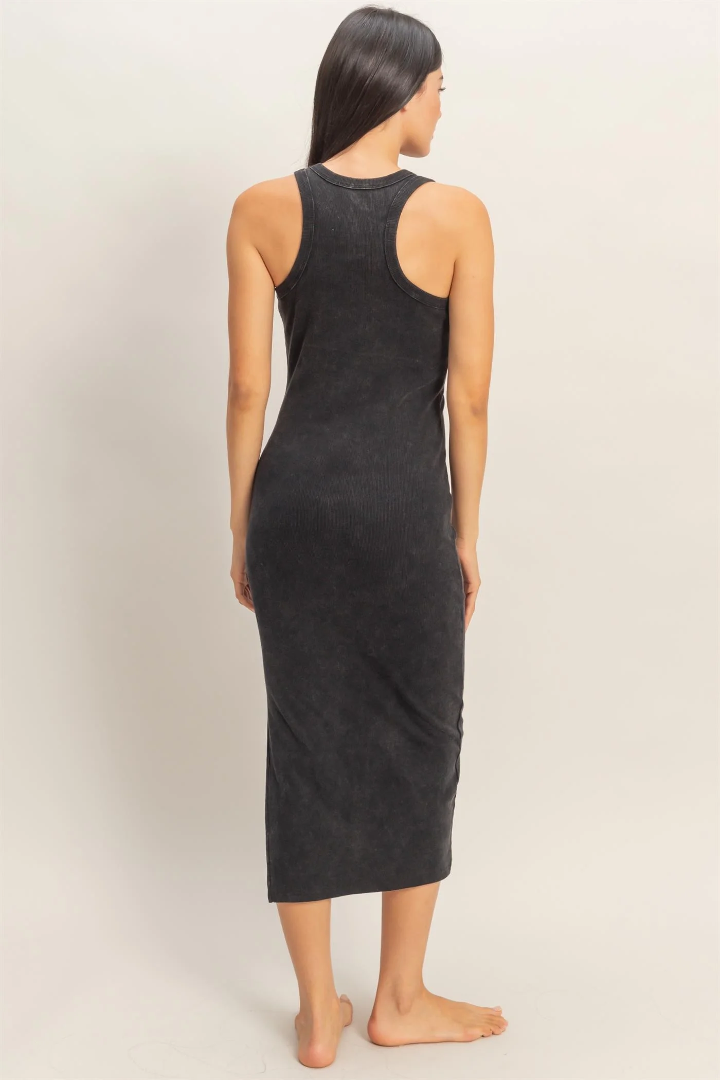 Black Acid Washed Ribbed Midi Tank Dress - Image 4