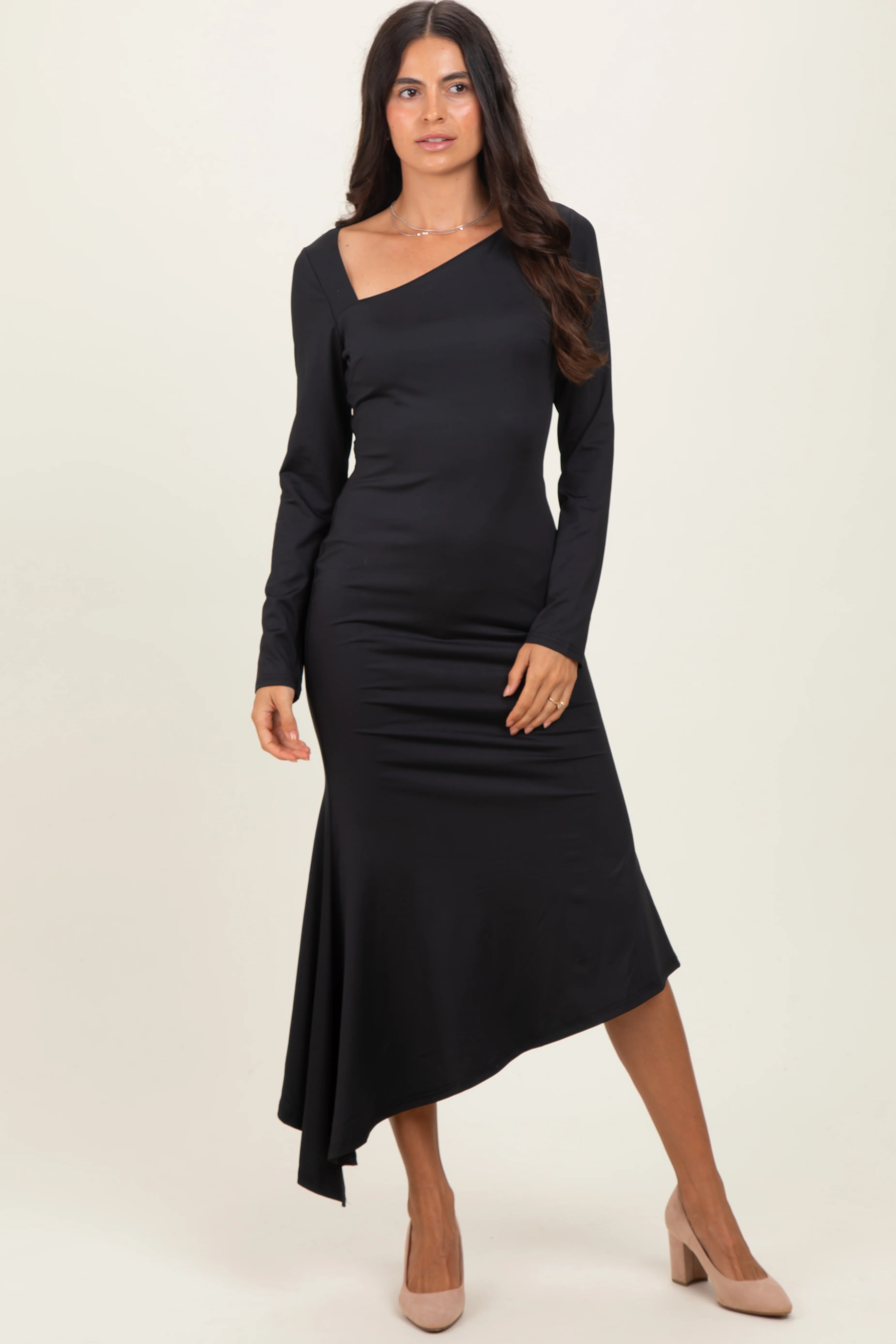 Black Asymmetric Hem Maternity Midi Dress - Image 5