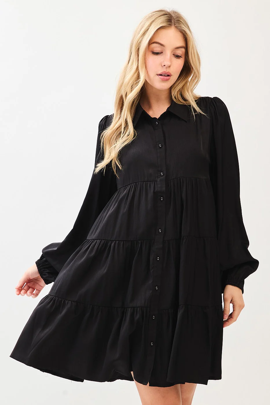 Black Balloon Sleeve Tiered Shirt Dress - Image 3