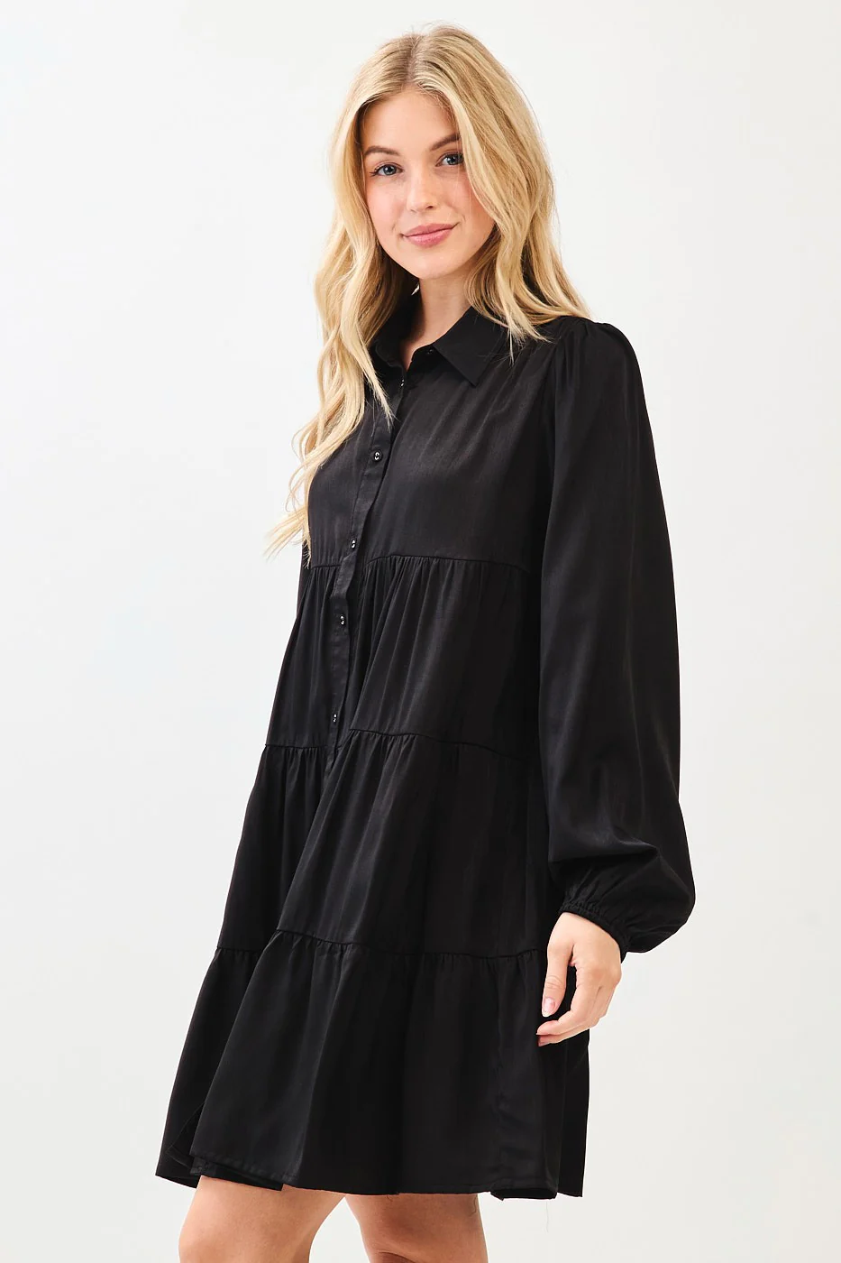 Black Balloon Sleeve Tiered Shirt Dress - Image 4