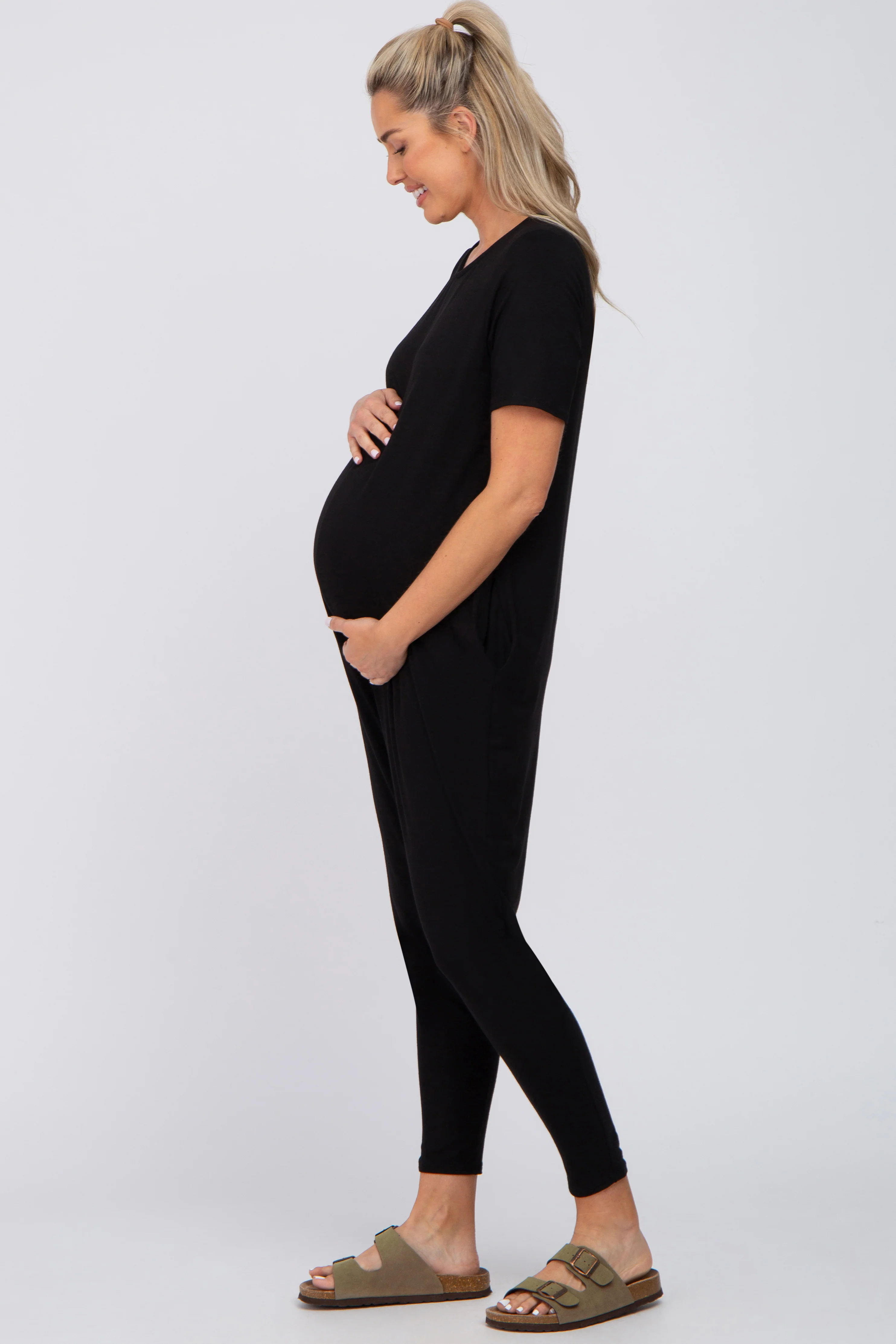 Black Basic Short Sleeve Maternity Jumpsuit - Image 3