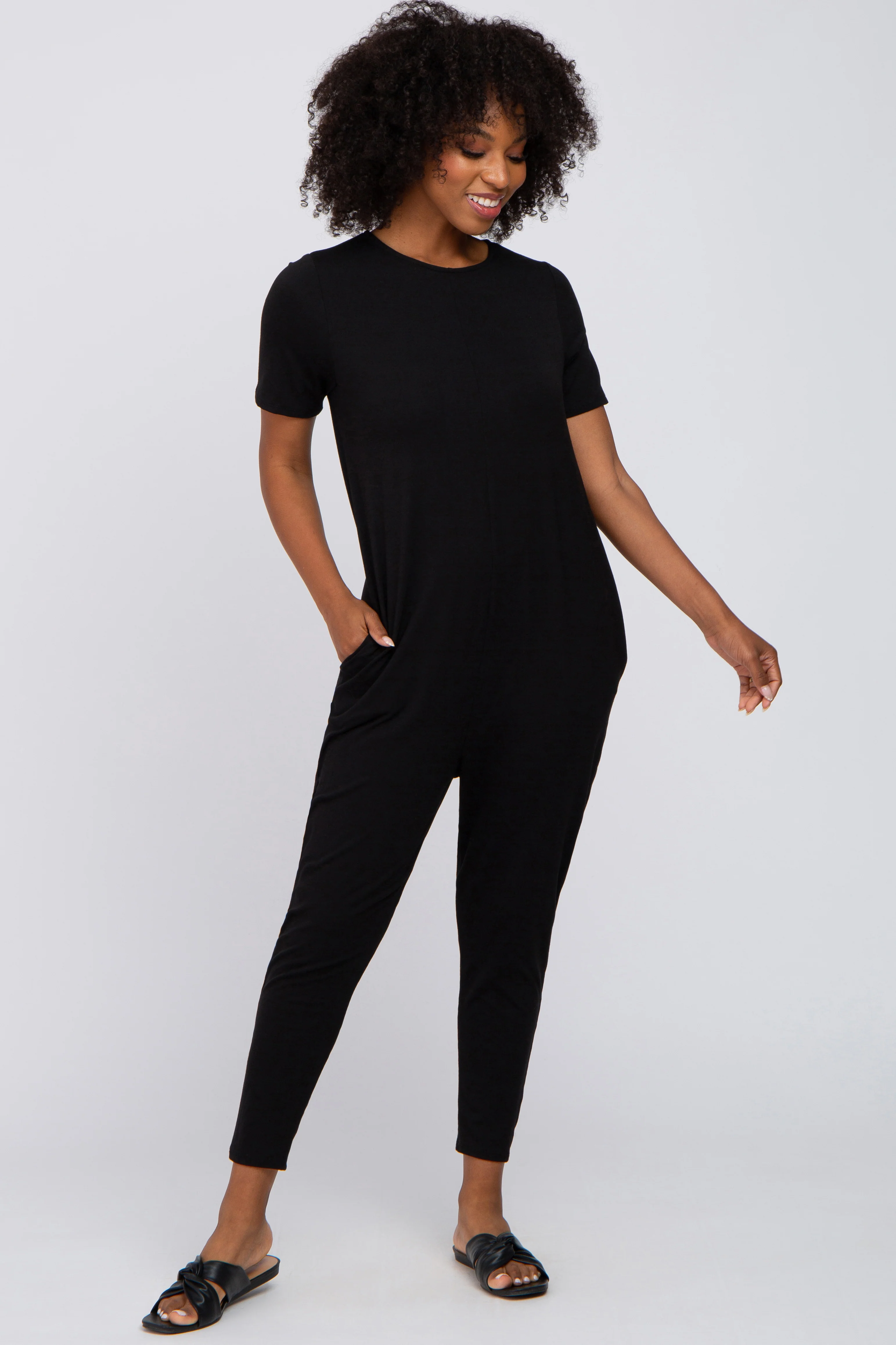 Black Basic Short Sleeve Maternity Jumpsuit - Image 9