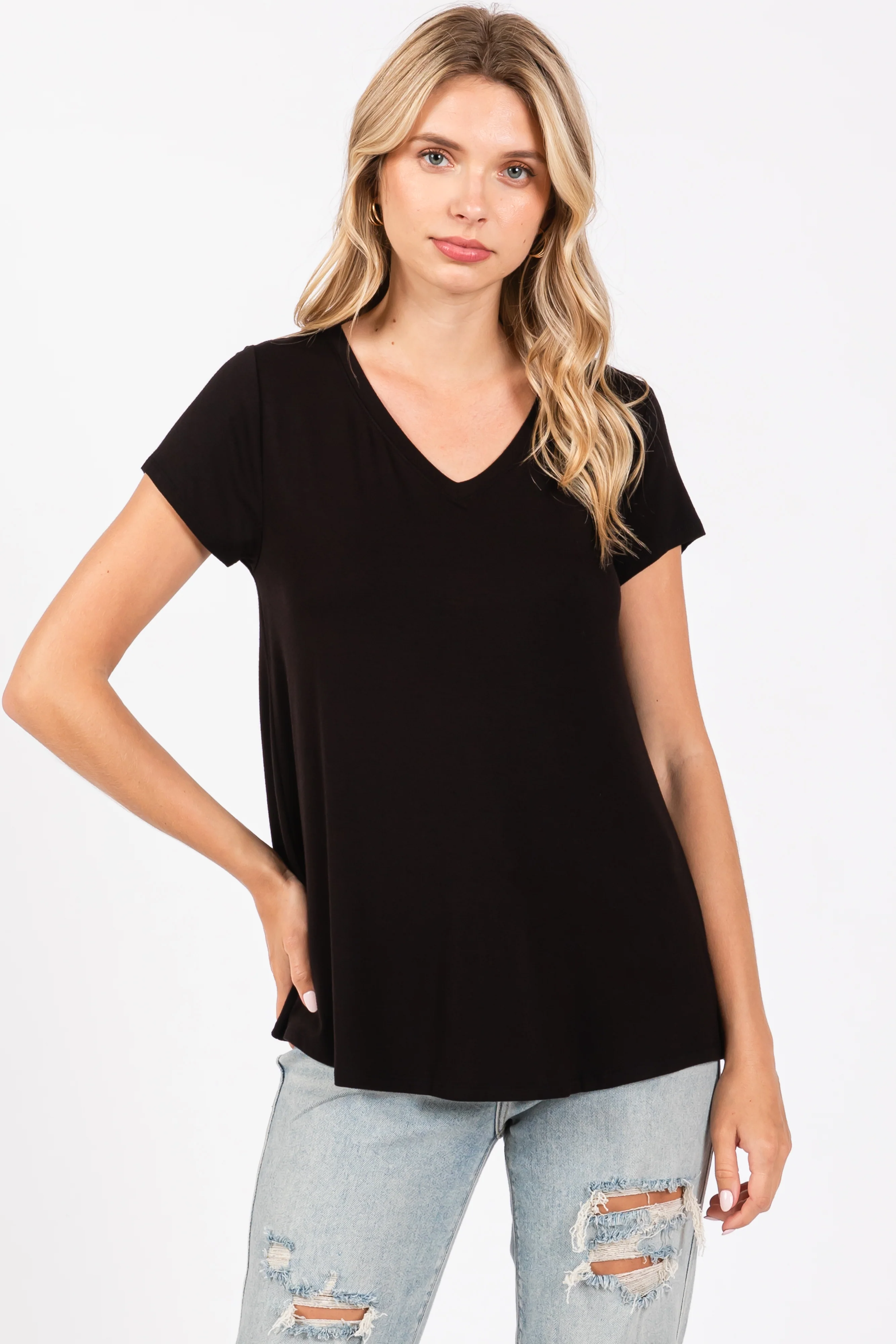Black Basic V-Neck Short Sleeve Maternity Top - Image 3