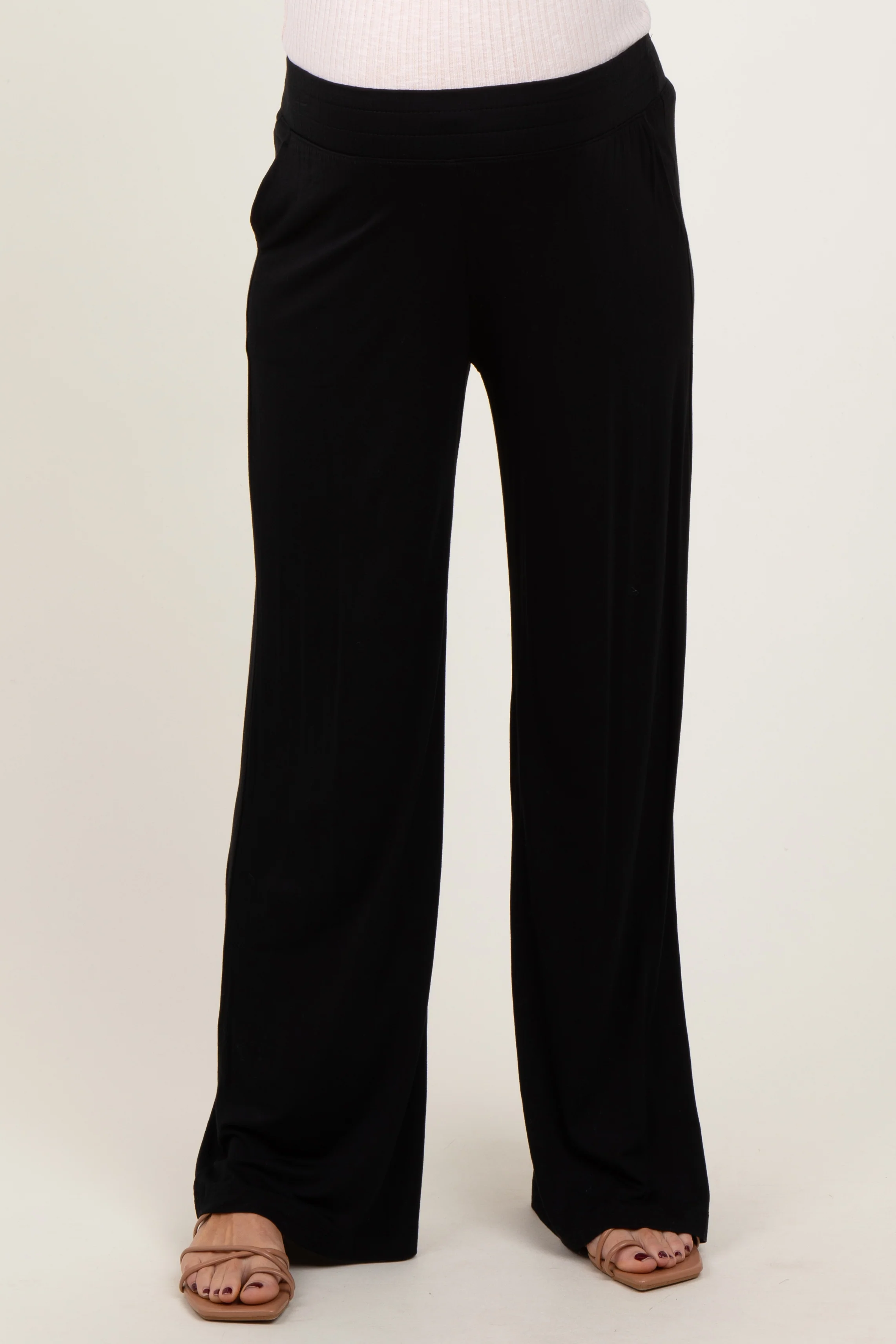 Black Basic Wide Leg Pocketed Maternity Pants - Image 3