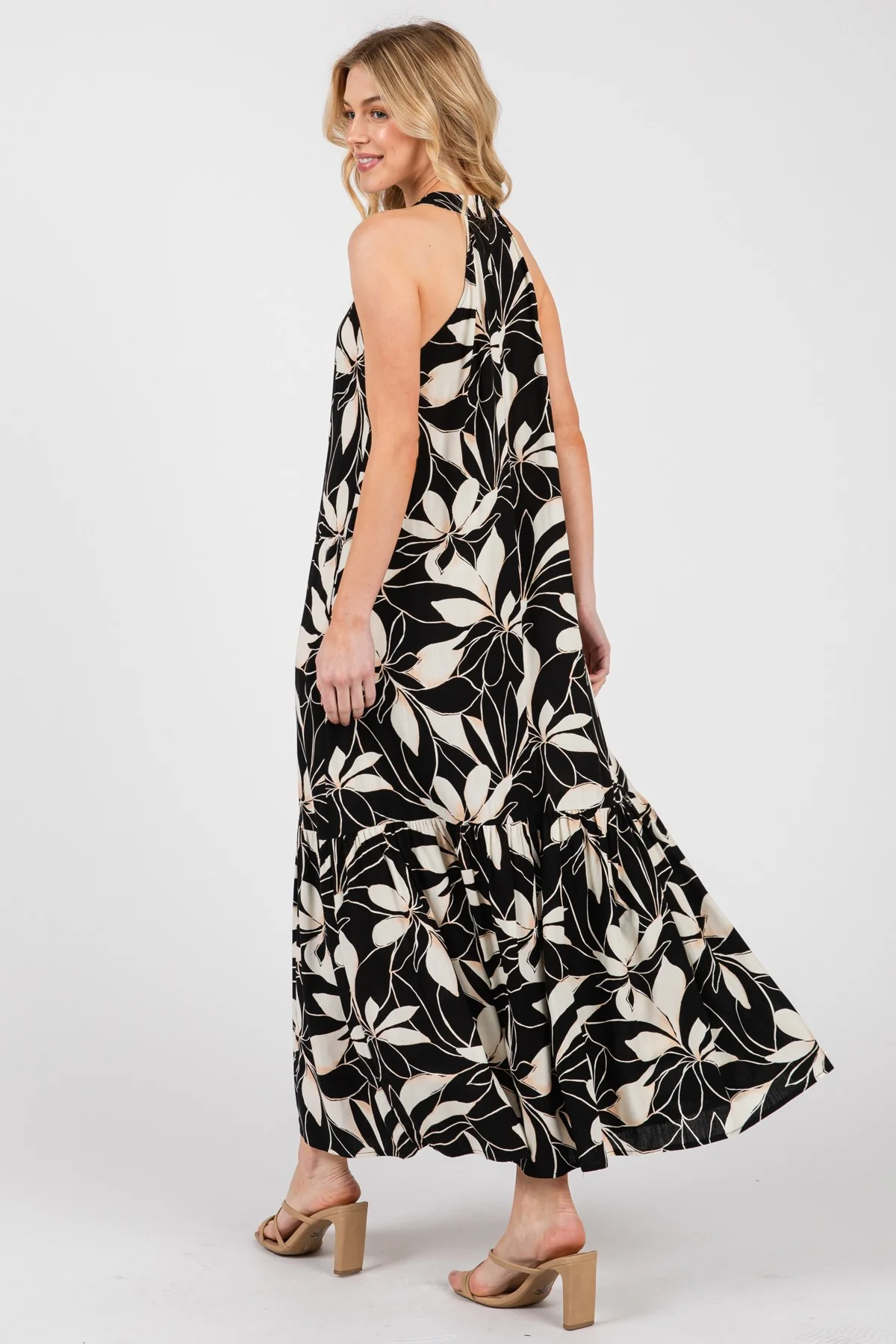 Black/Beige Print Halter Neck Tiered Maxi Dress - Image 4