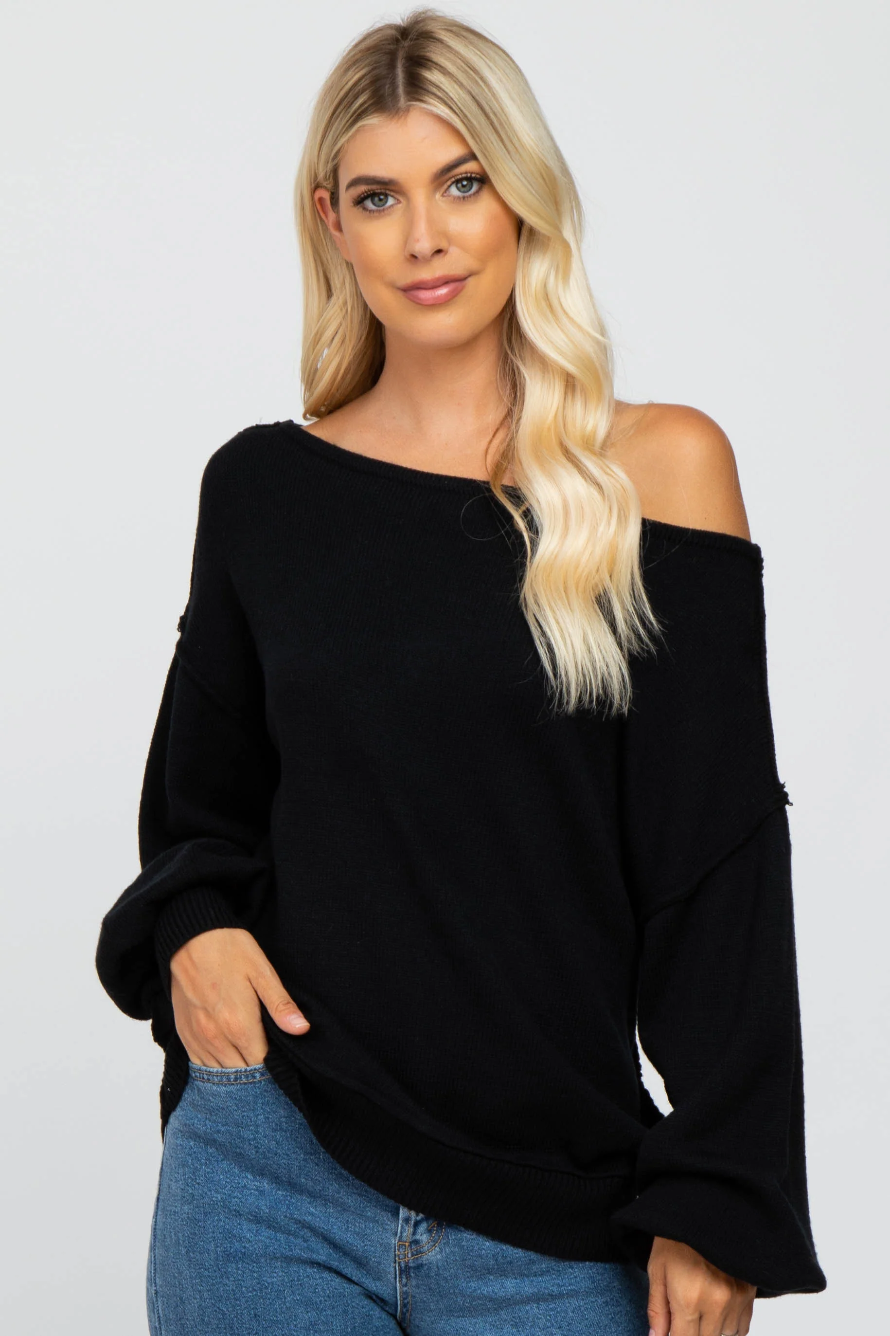 Black Boat Neck Bubble Sleeve Maternity Sweater - Image 6