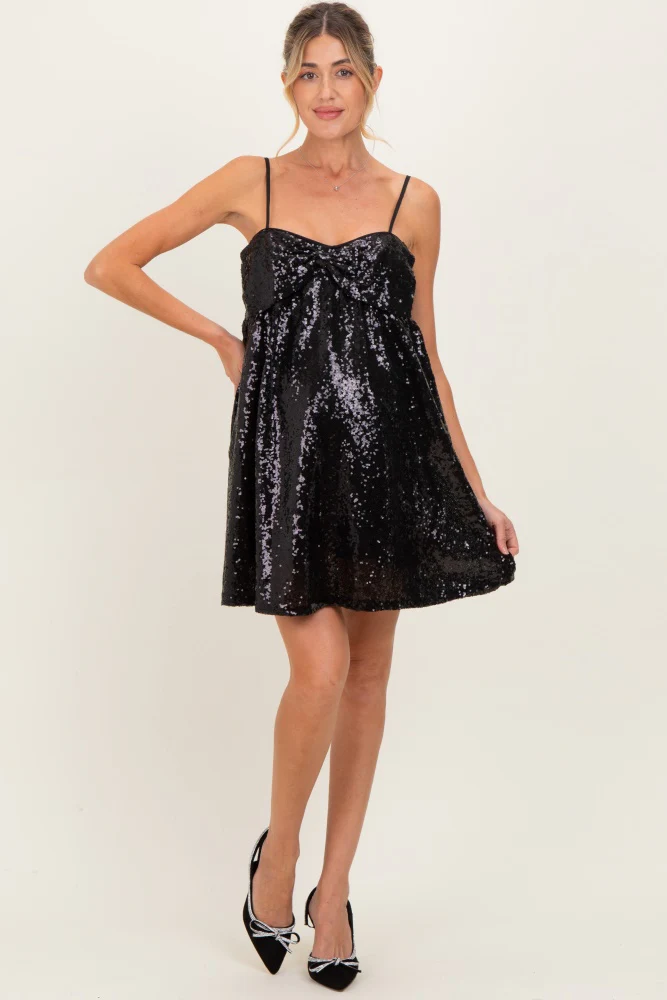 Black Bow Front Sleeveless Sequin Maternity Mini Dress - Image 3