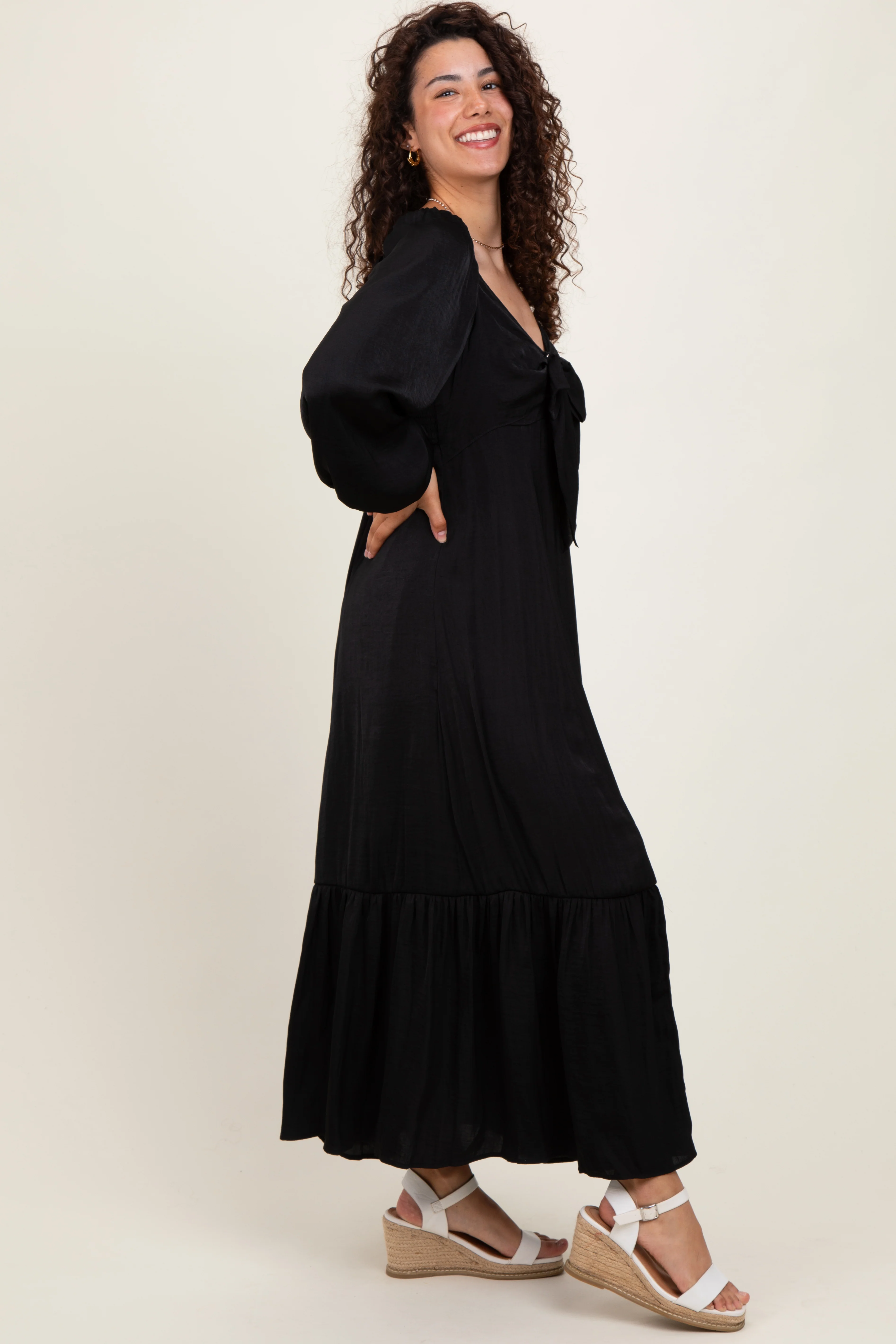 Black Bow Satin Maxi Dress - Image 3