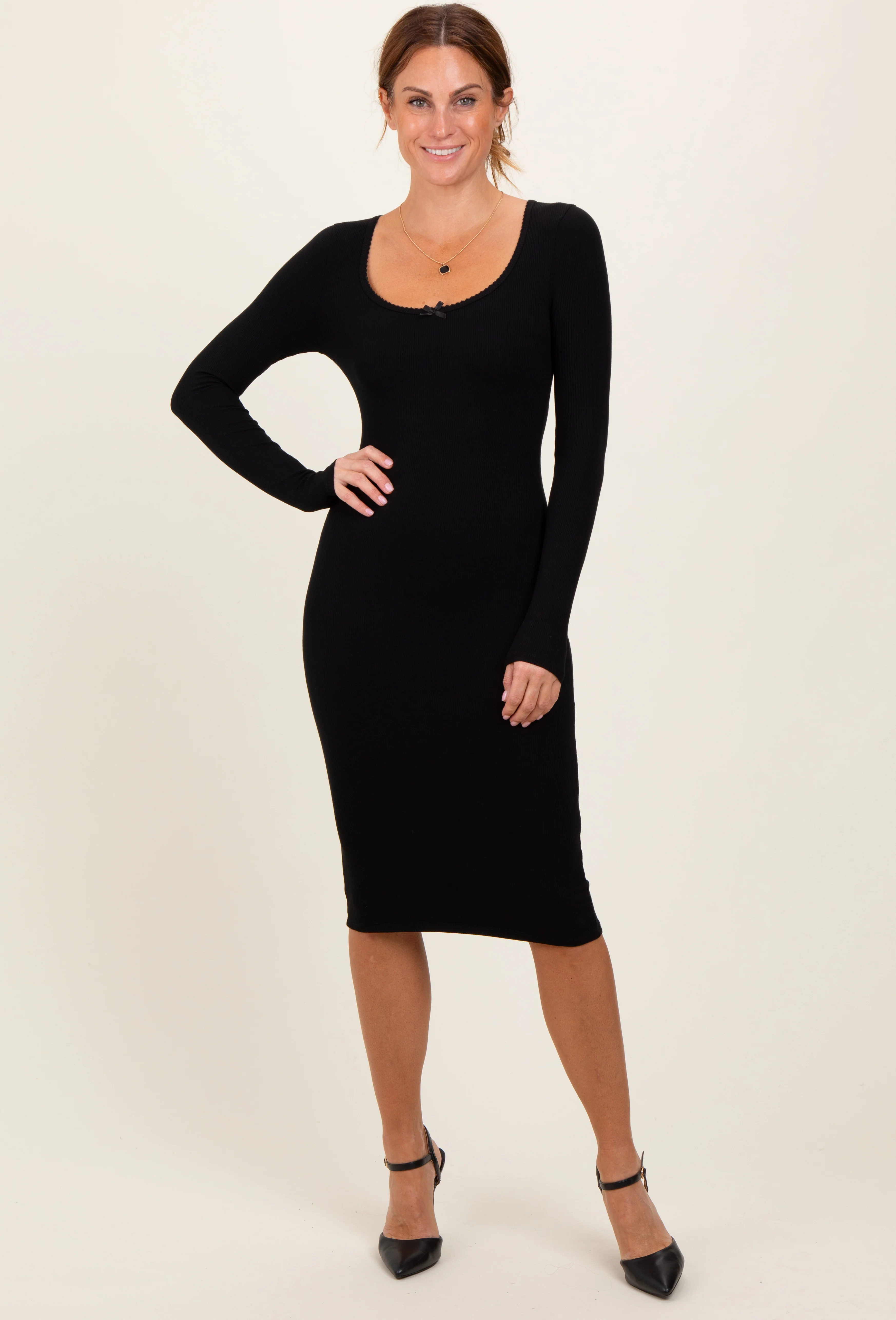 Black Bow Trim Neckline Long Sleeve Maternity Midi Dress - Image 4