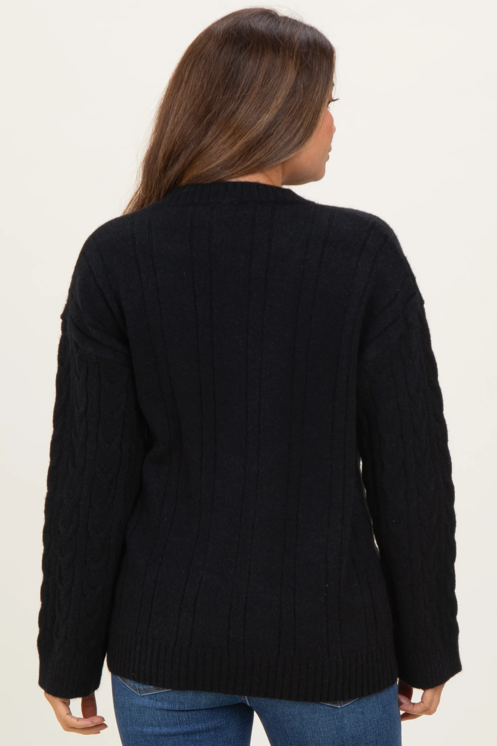 Black Braid Knit Pattern Soft Fluffy Maternity Sweater Top - Image 4
